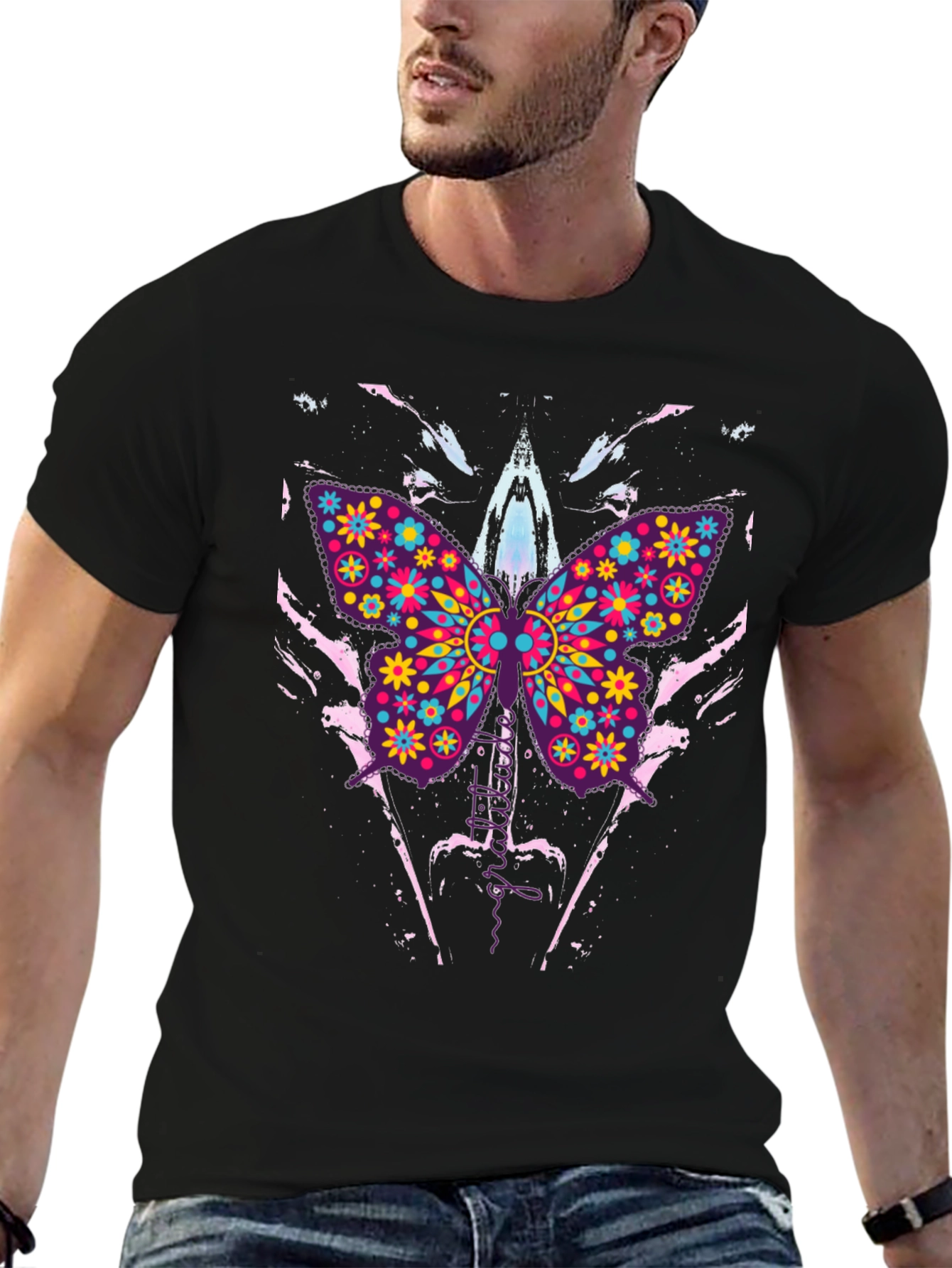 Butterfly Floral Print Mens Black T-Shirt