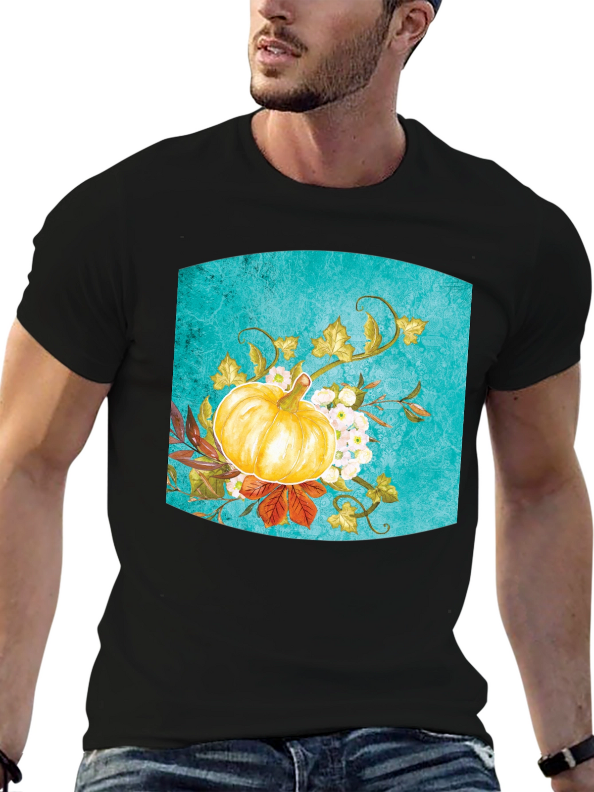 Fall Pumpkin Floral Graphic Tee - Black