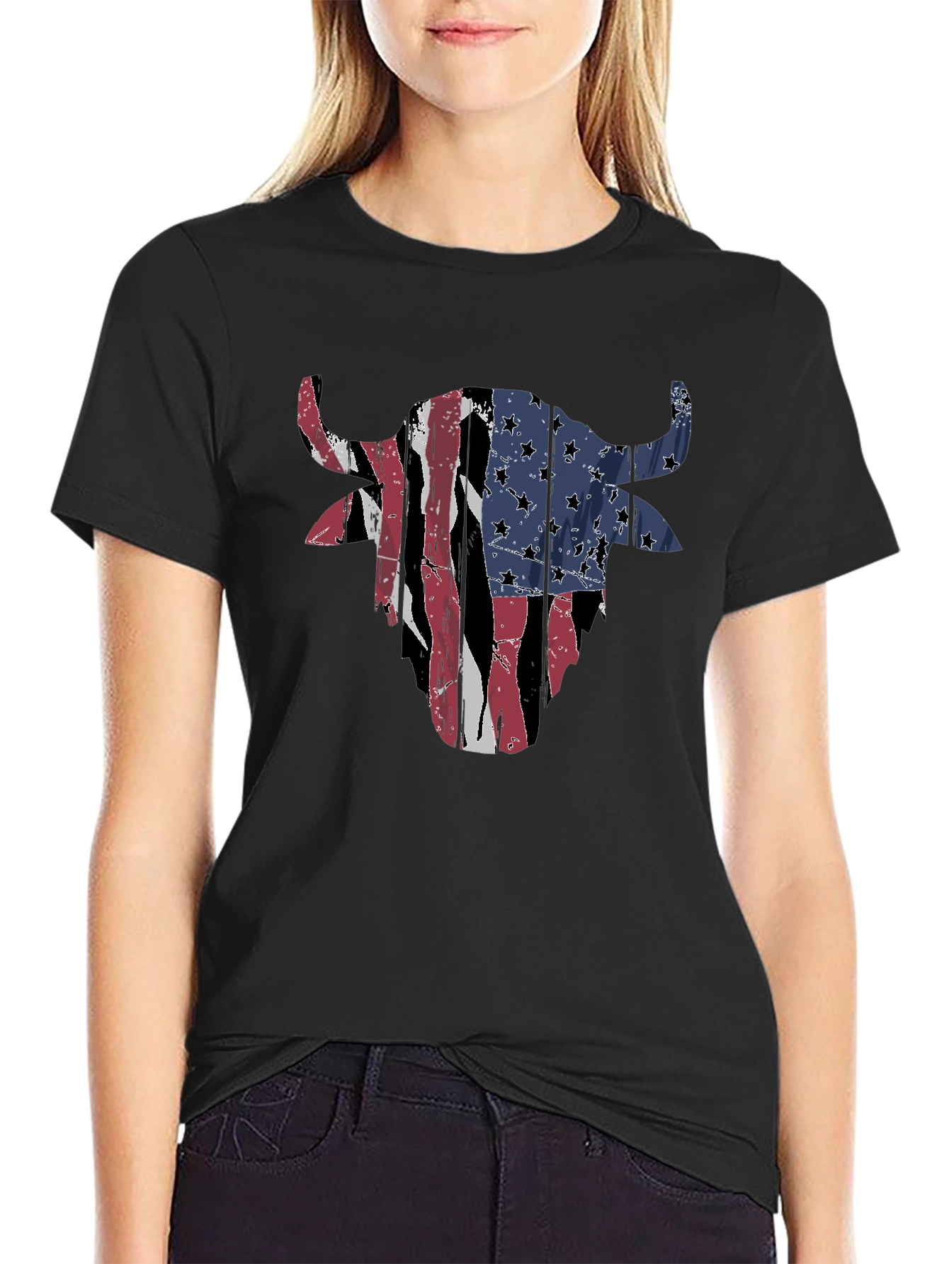 American Flag Bull Head Mens Black T-Shirt