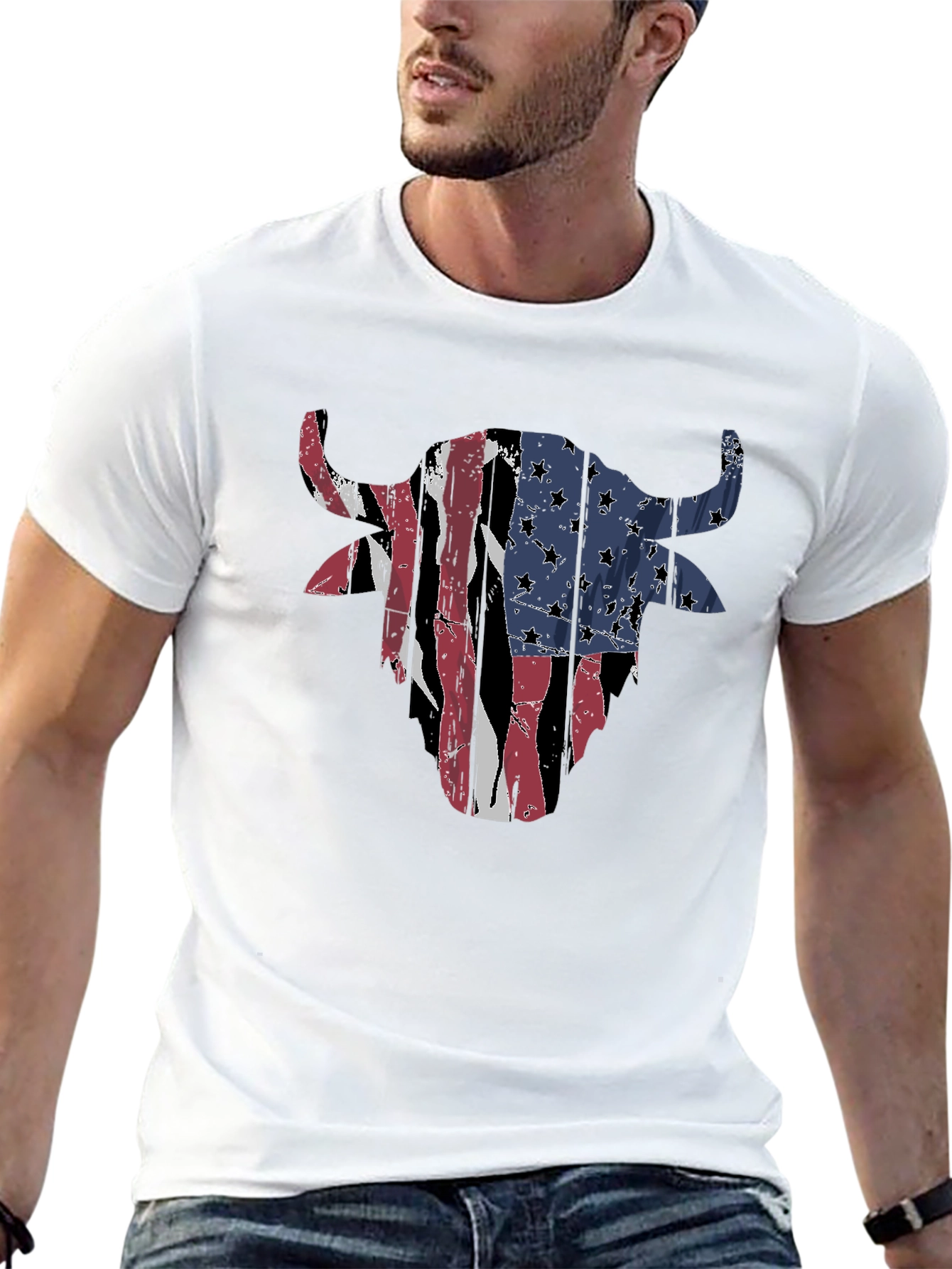 American Flag Bull Head Mens Black T-Shirt