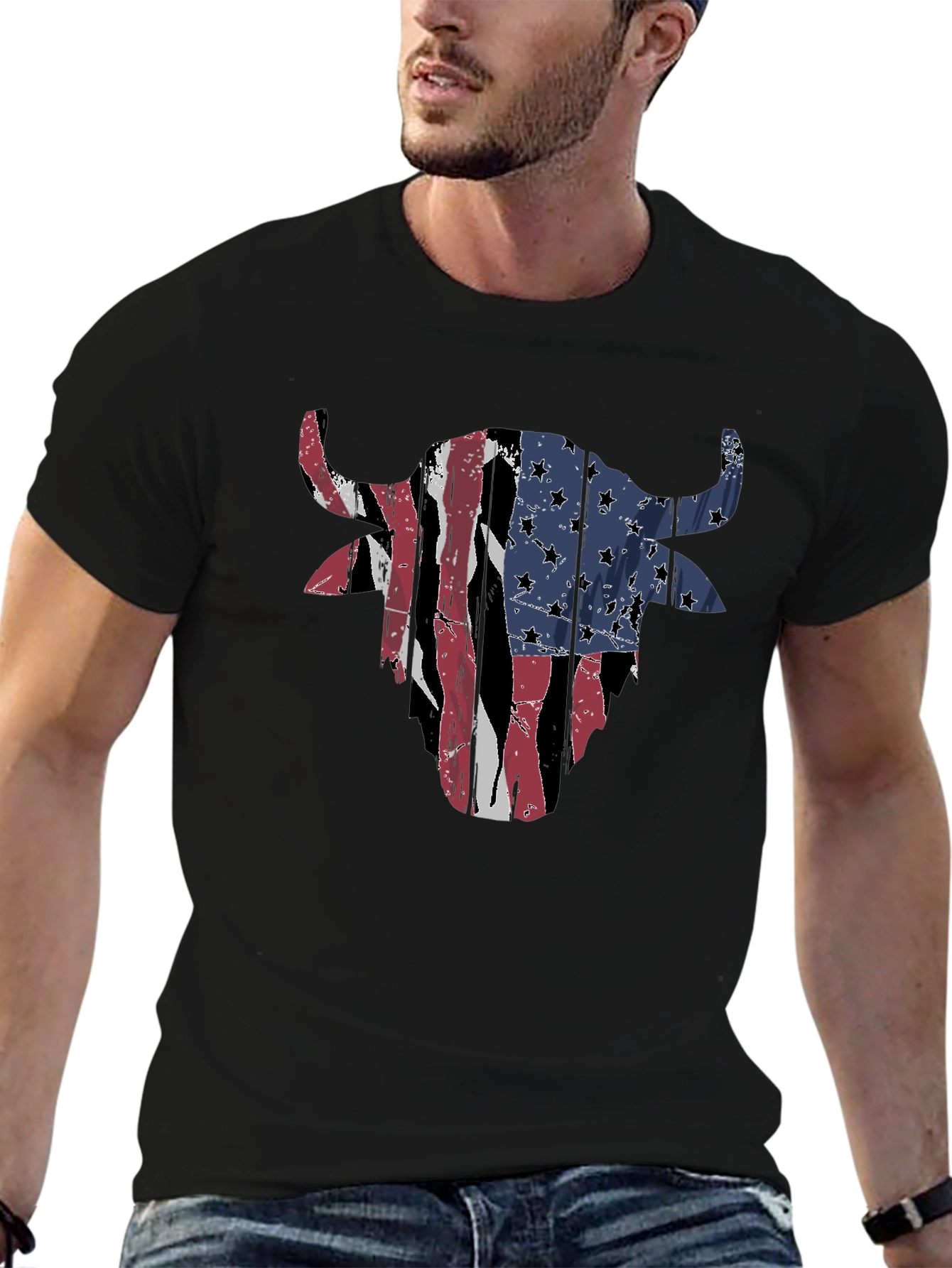 American Flag Bull Head Mens Black T-Shirt