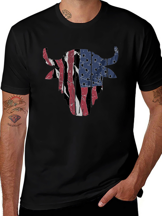 American Flag Bull Head Mens Black T-Shirt