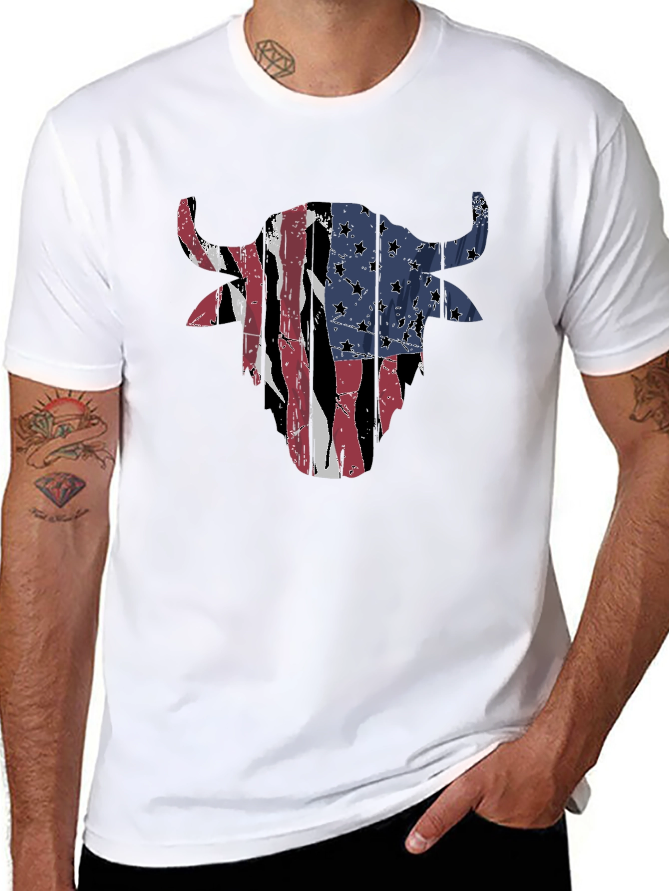 American Flag Bull Head Mens Black T-Shirt