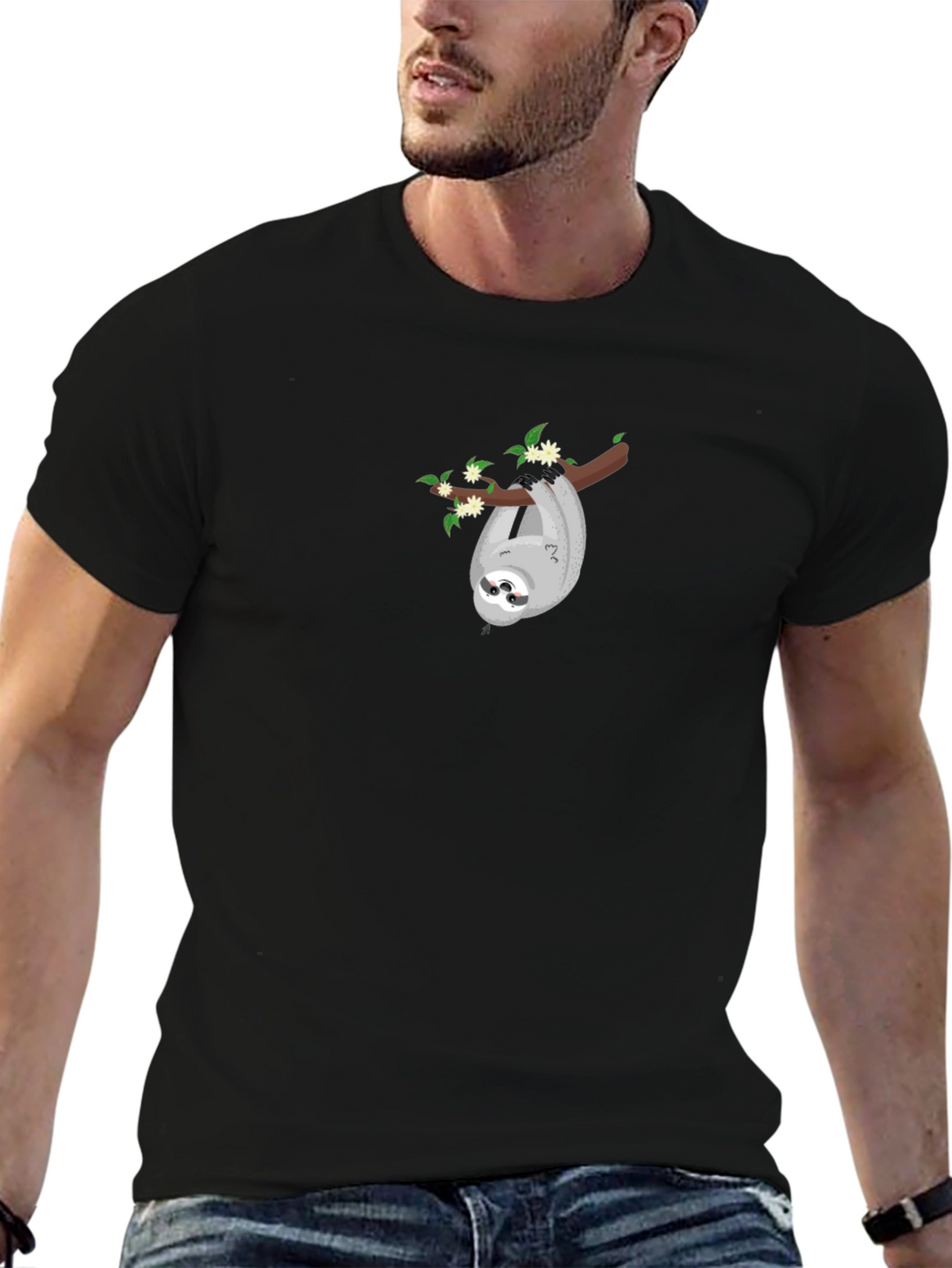 Mens Black Sloth on Branch Graphic T-Shirt