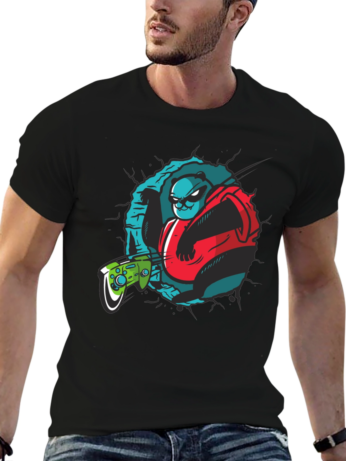 Gamer Panda Graphic Tee - Black Cotton T-Shirt