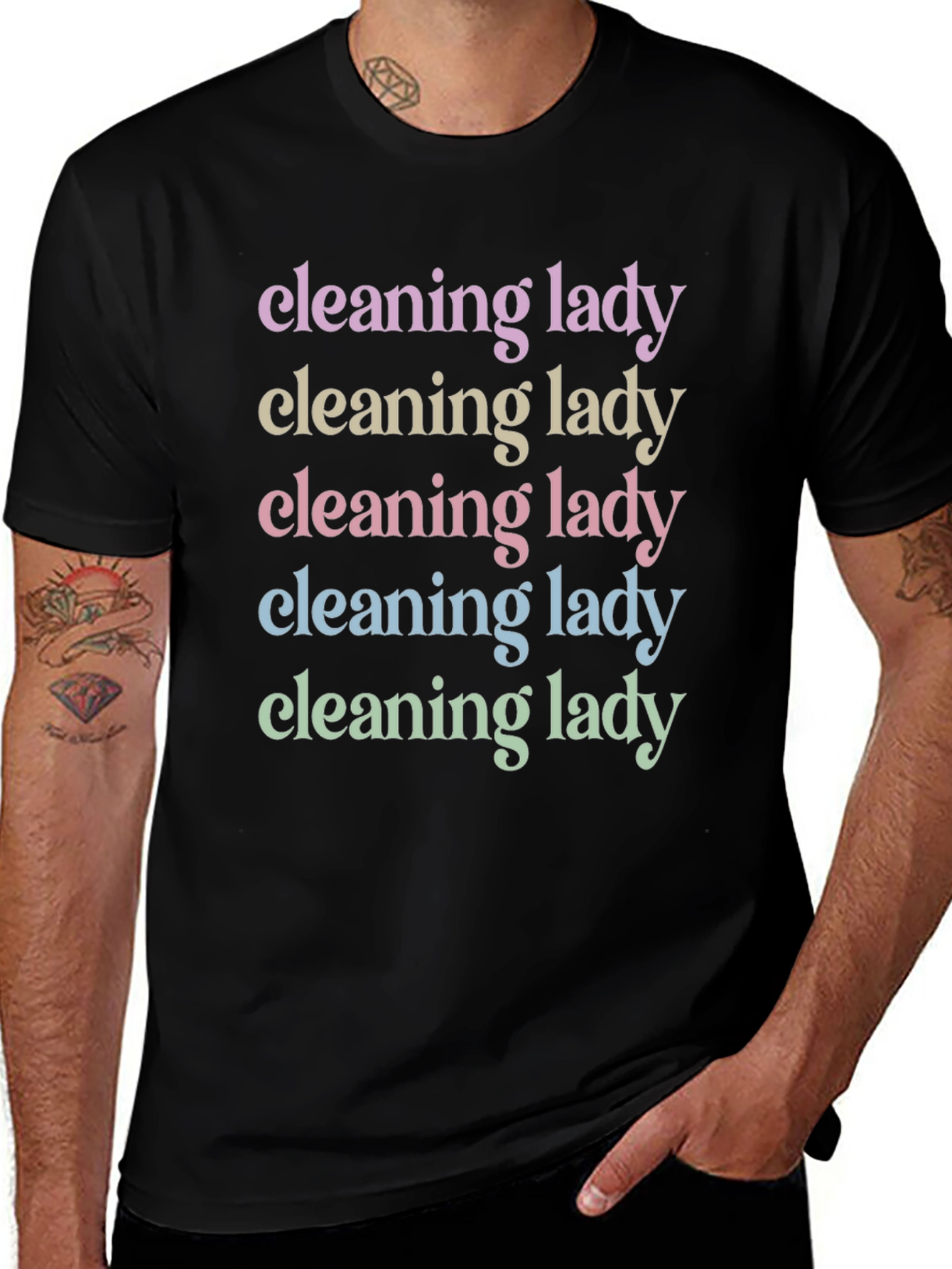 Cleaning Lady Rainbow Text Black T-Shirt