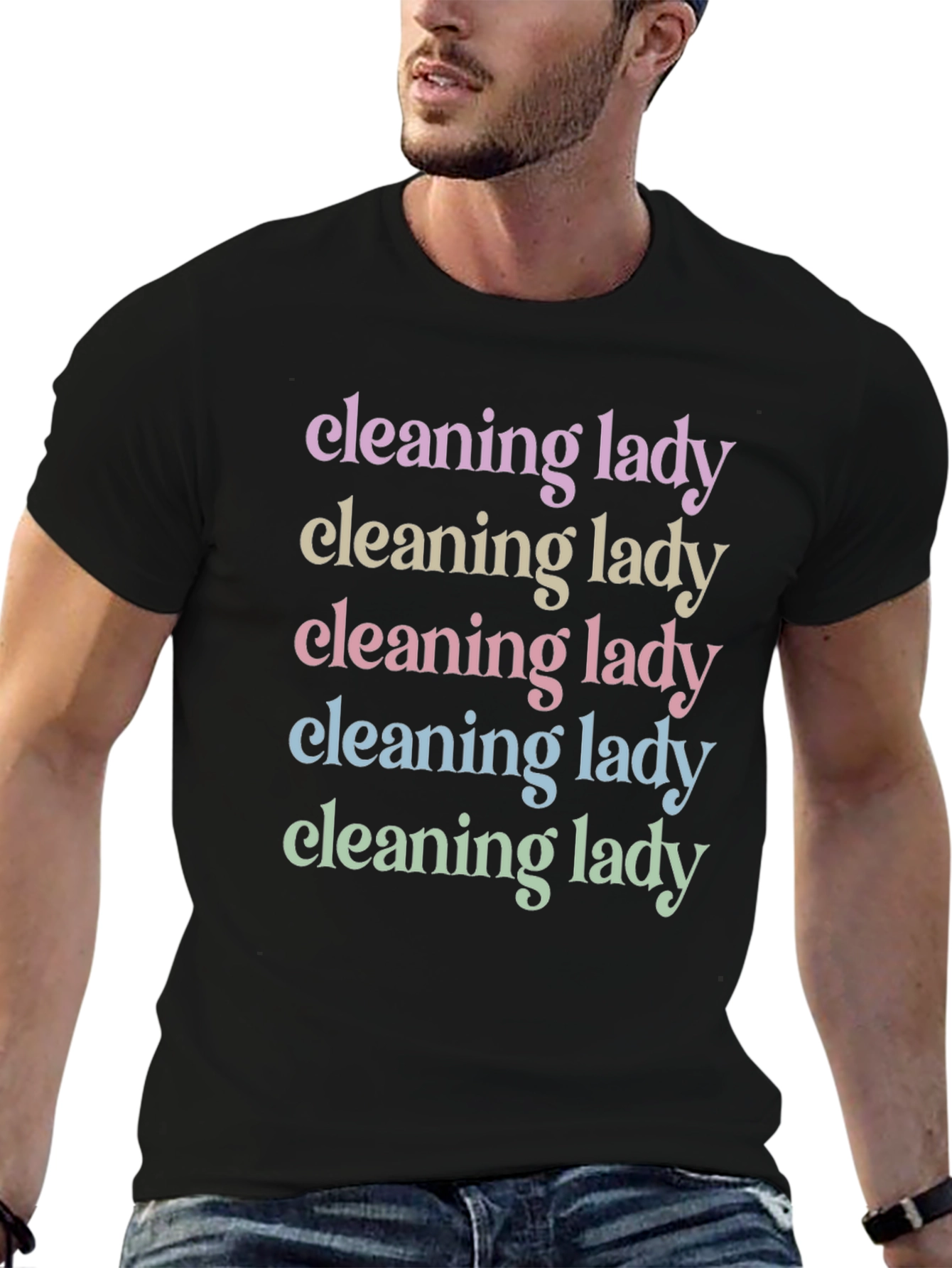 Cleaning Lady Rainbow Text Black T-Shirt