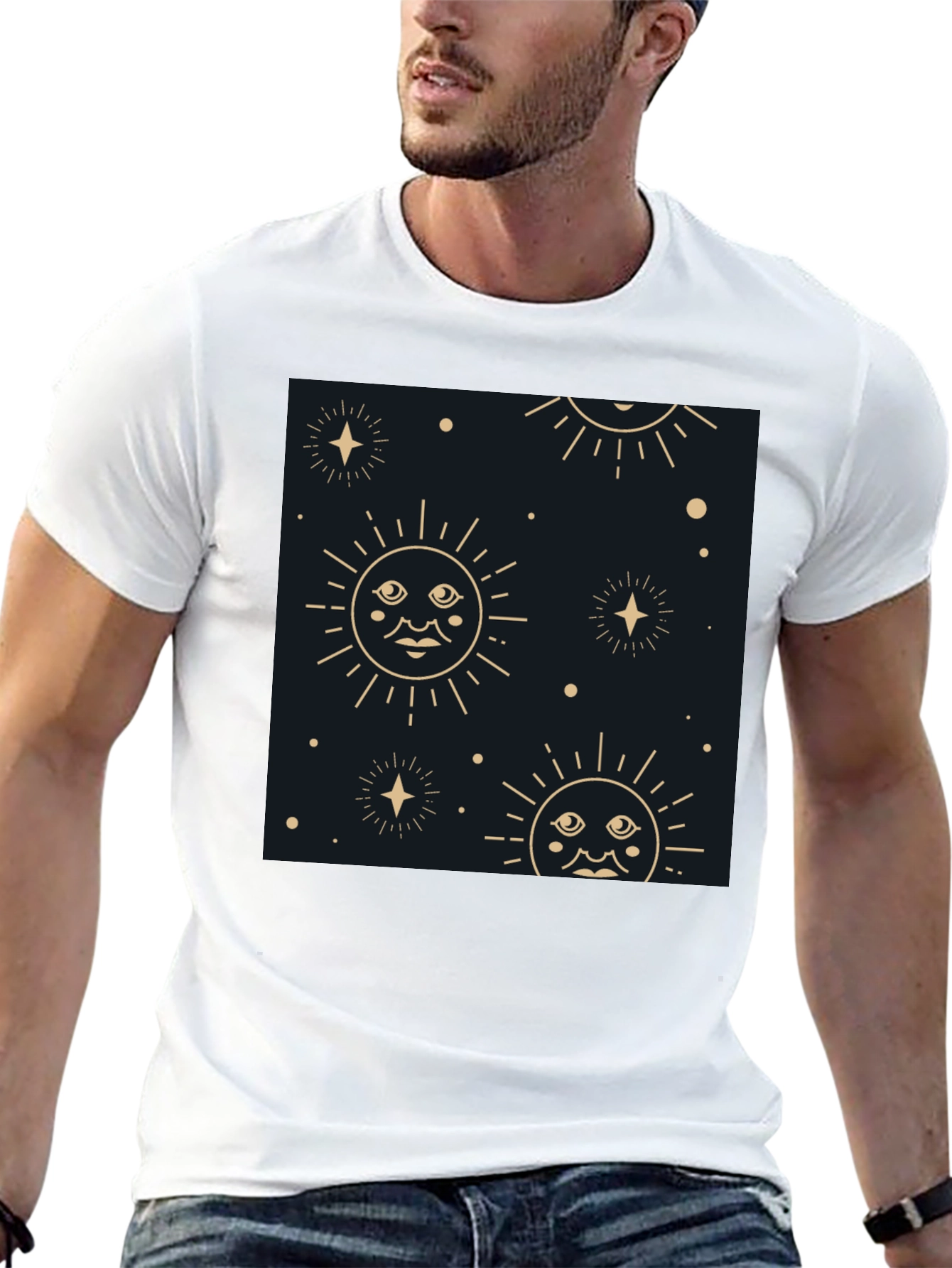 Celestial Sun & Star Graphic Black T-Shirt