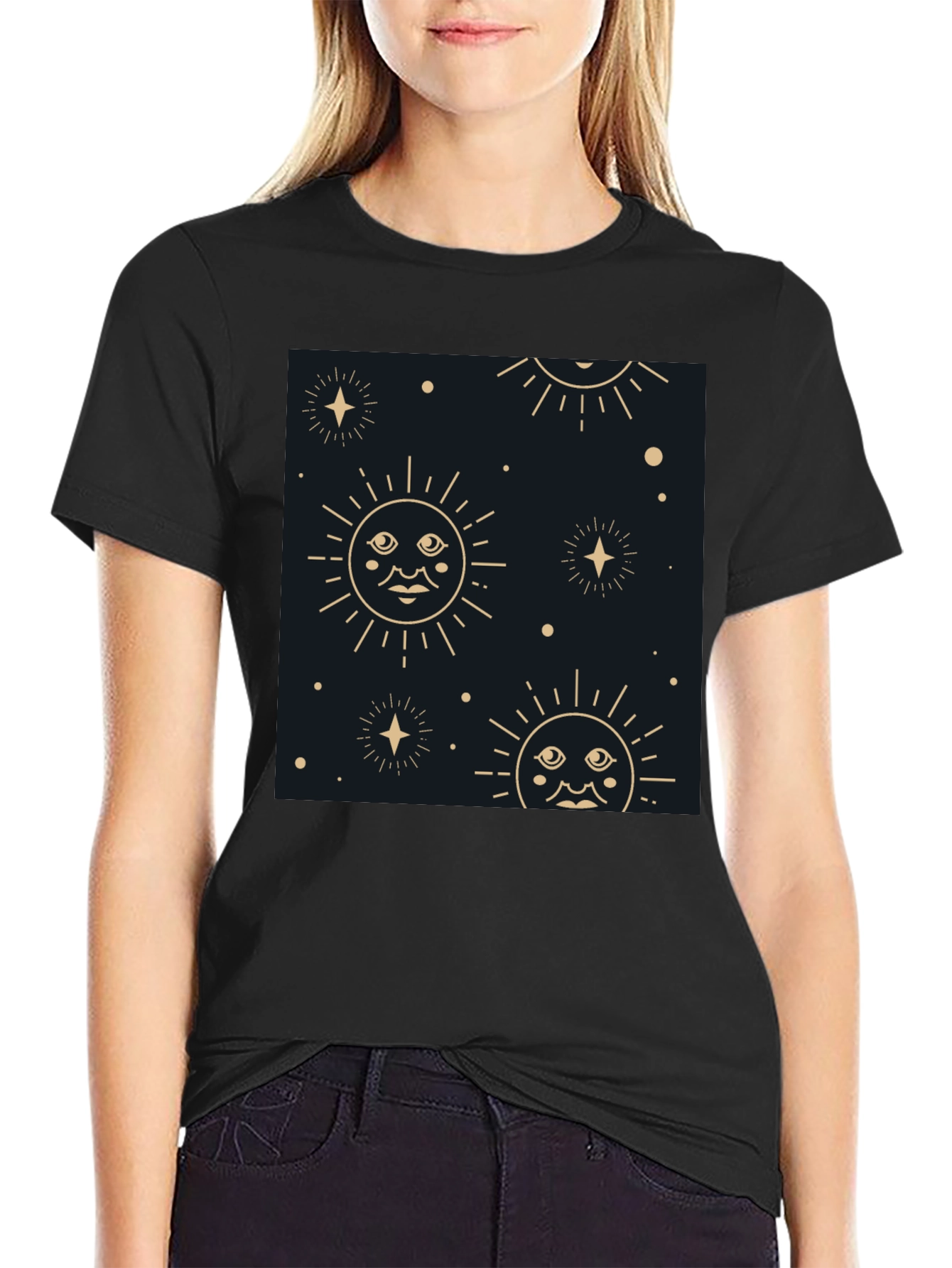 Celestial Sun & Star Graphic Black T-Shirt