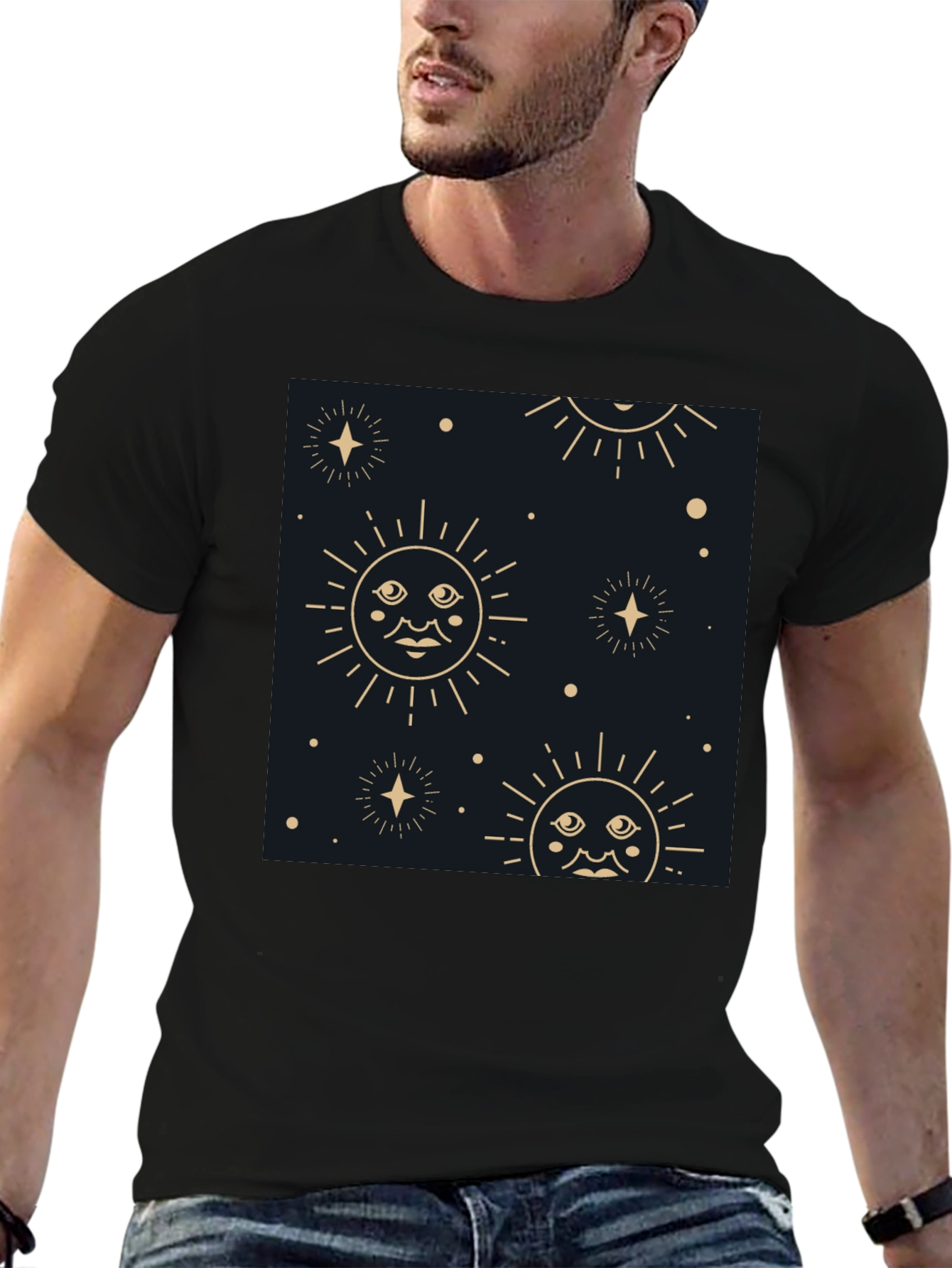 Celestial Sun & Star Graphic Black T-Shirt