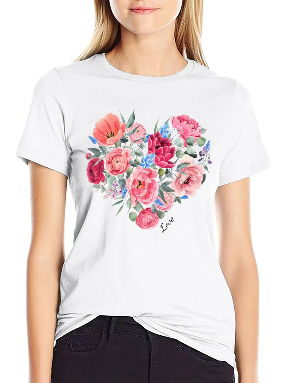 Floral Heart Graphic Black T-Shirt