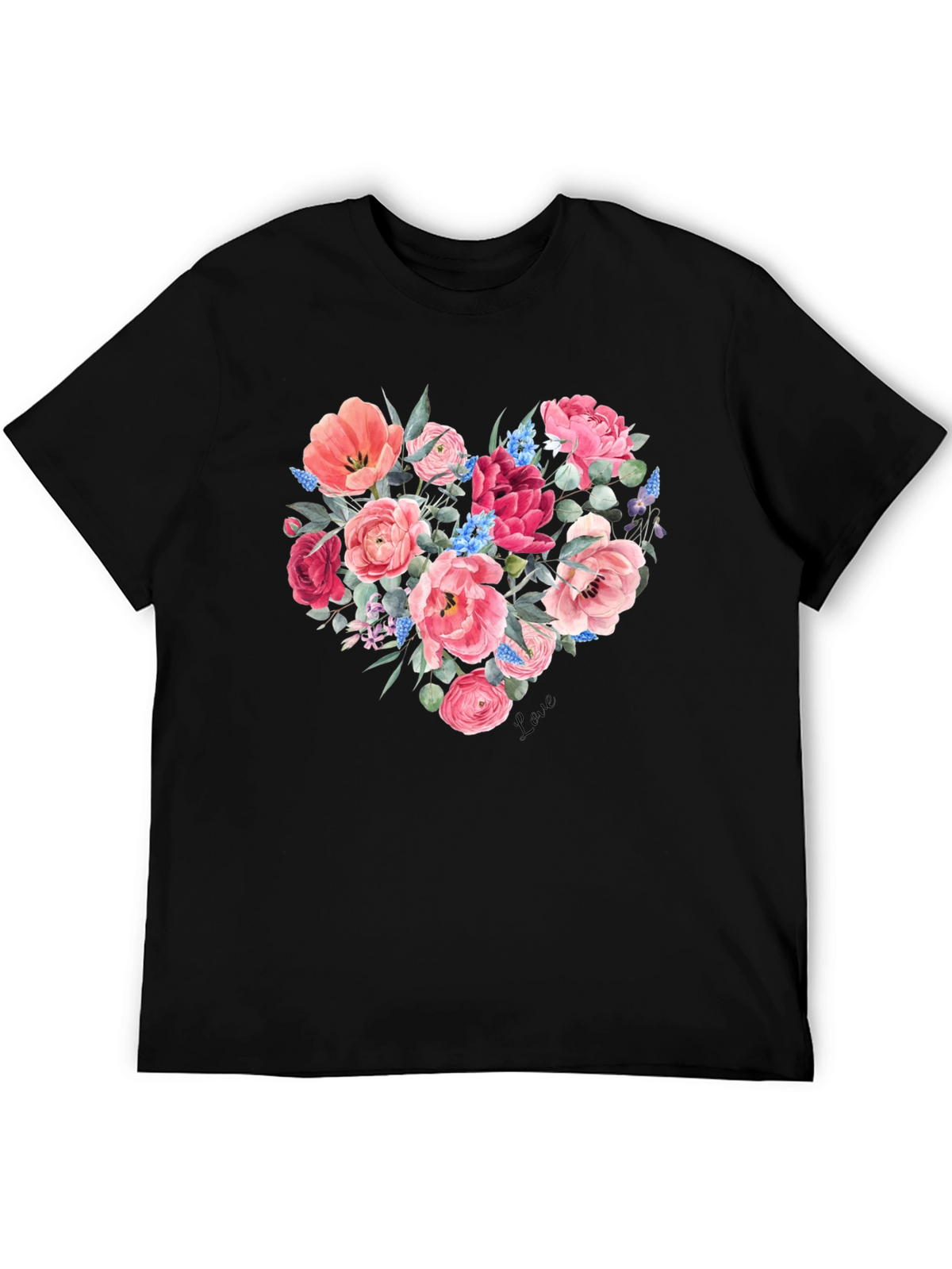 Floral Heart Graphic Black T-Shirt