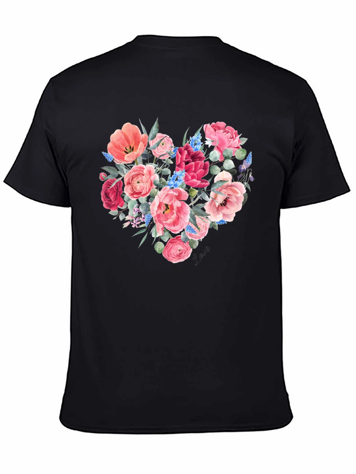 Floral Heart Graphic Black T-Shirt