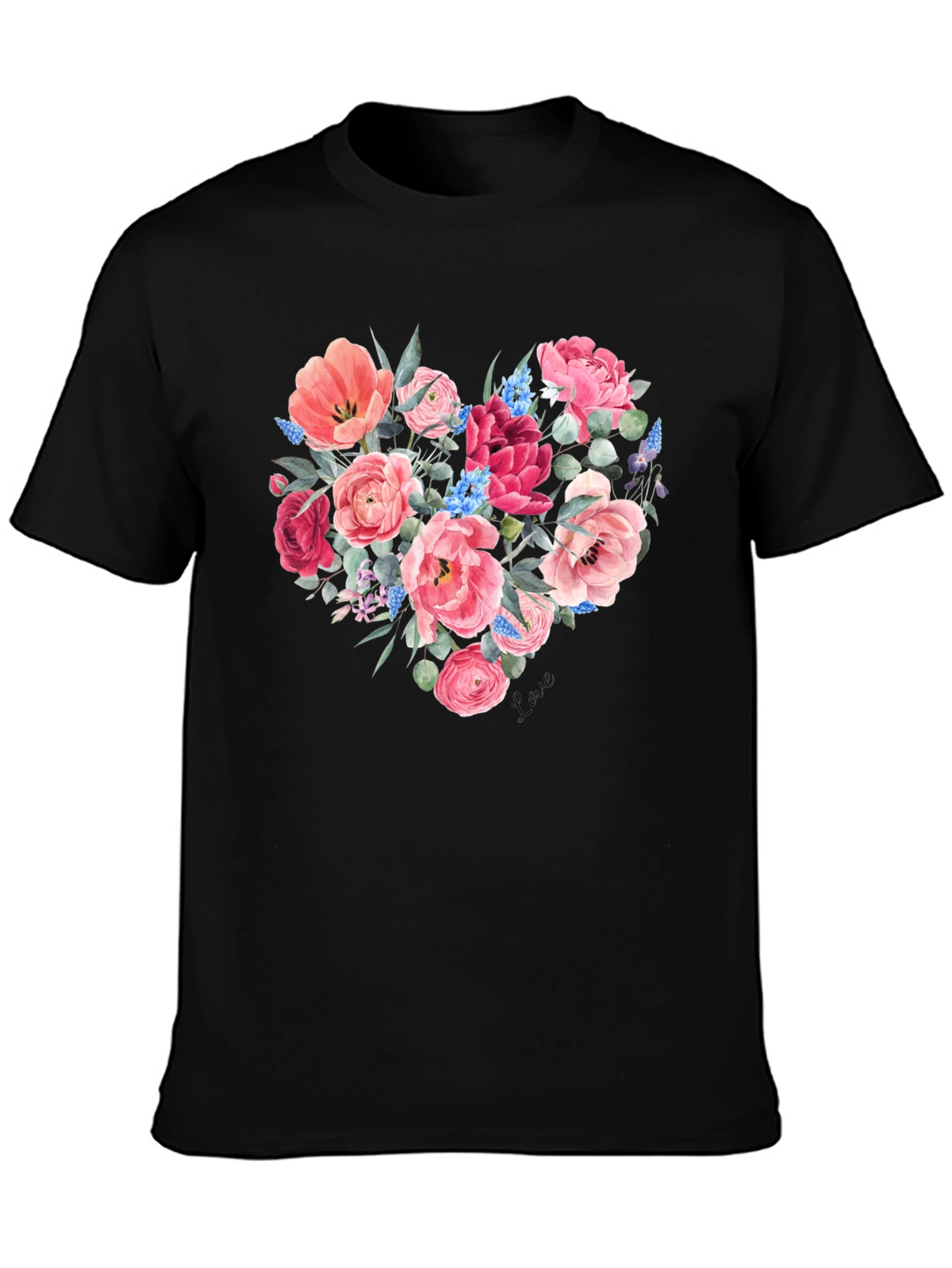 Floral Heart Graphic Black T-Shirt