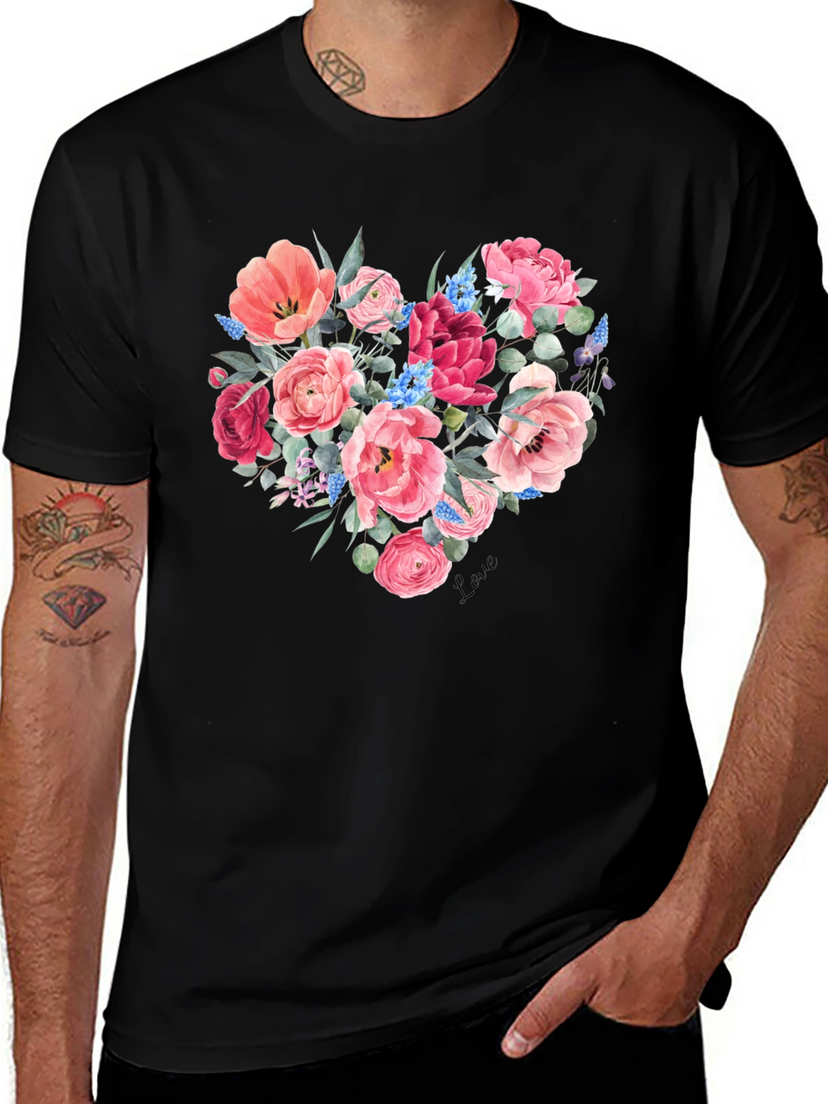Floral Heart Graphic Black T-Shirt