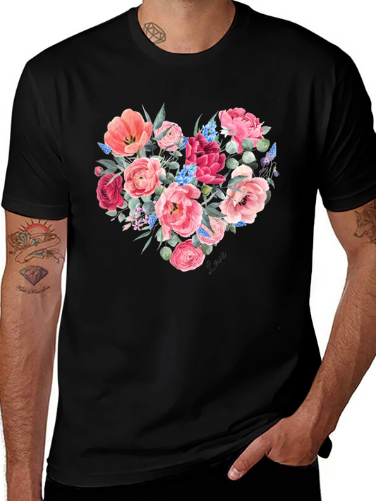 Floral Heart Graphic Black T-Shirt
