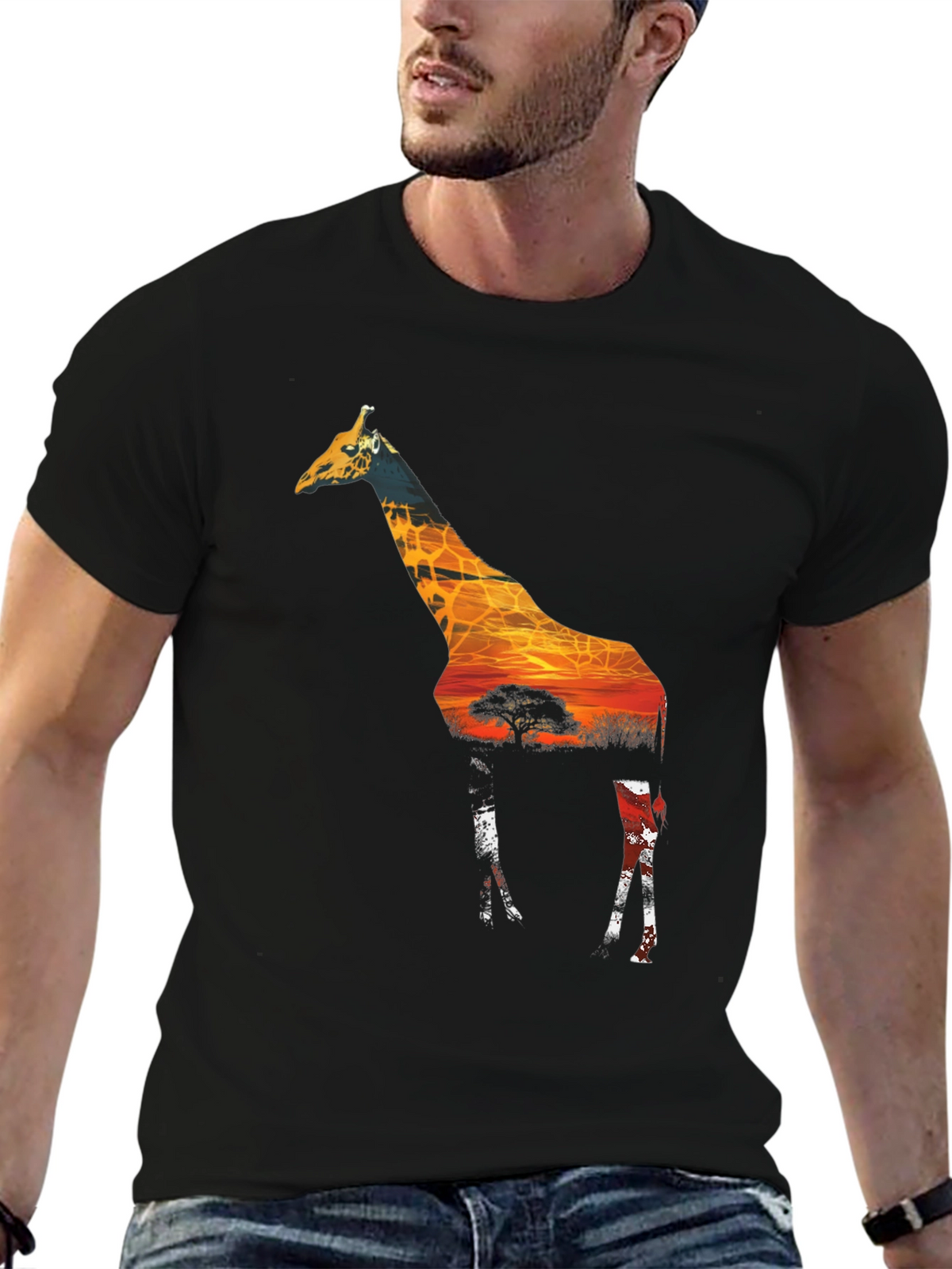 Giraffe Sunset Graphic T-Shirt - Mens Black Tee
