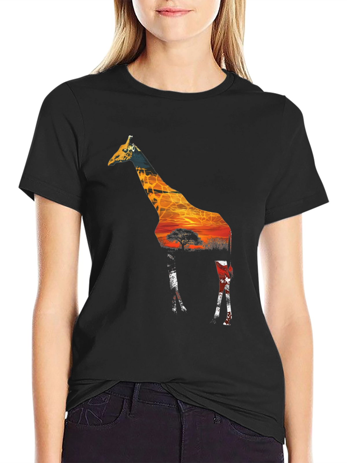 Giraffe Sunset Graphic T-Shirt - Mens Black Tee