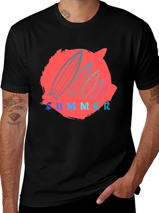 Summer Surfboard Graphic Tee - Black Cotton T-Shirt