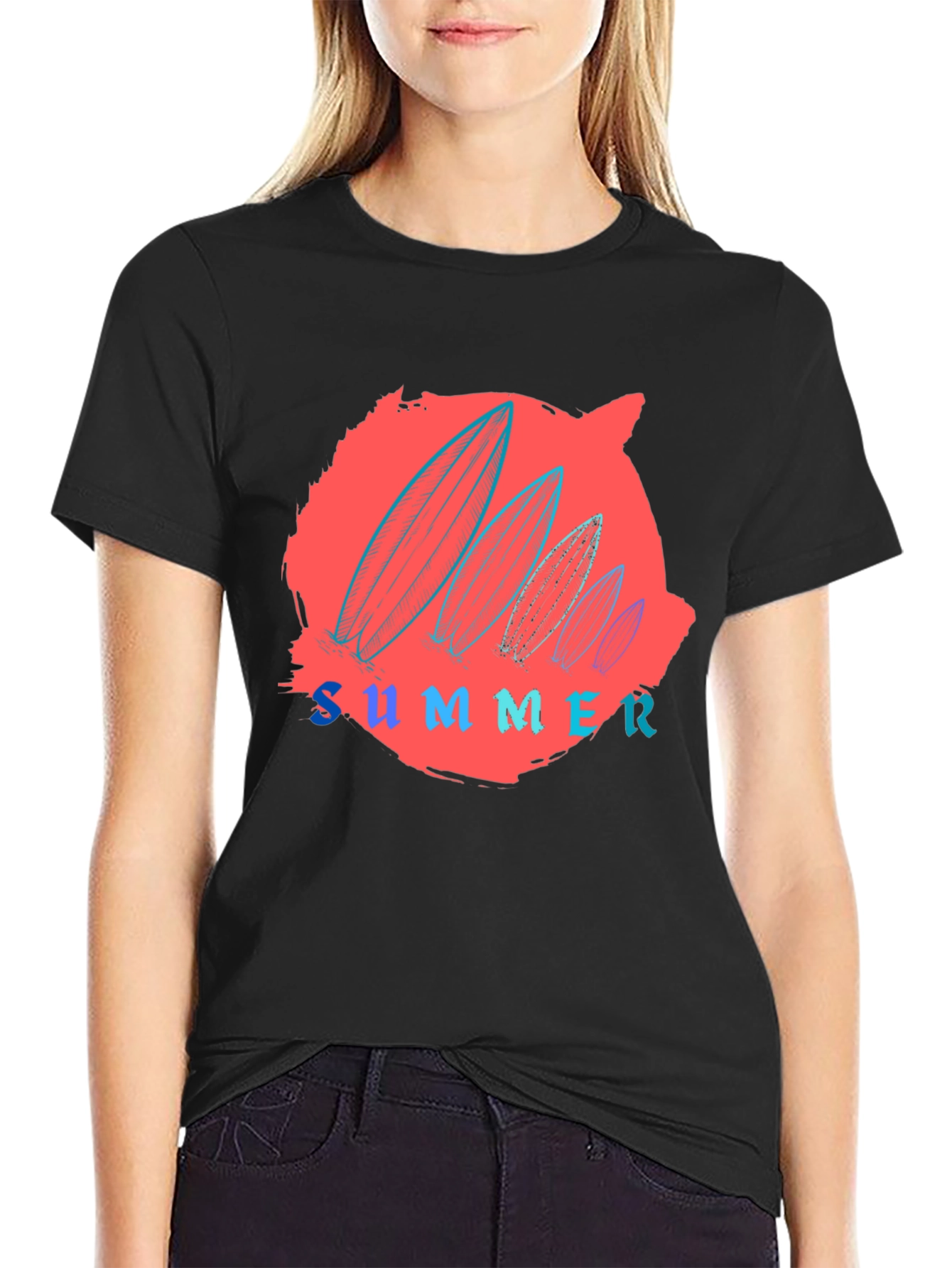 Summer Surfboard Graphic Tee - Black Cotton T-Shirt