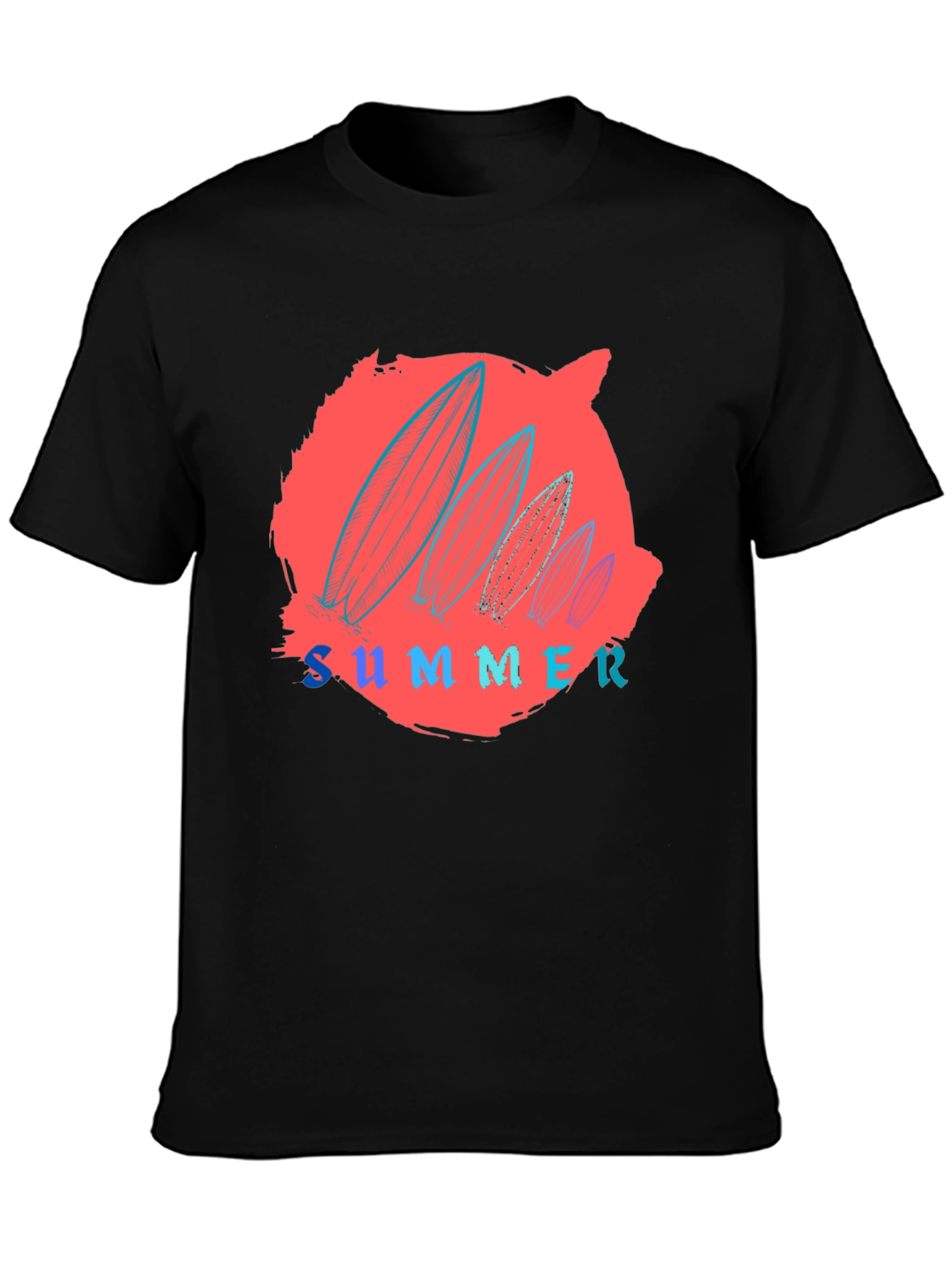 Summer Surfboard Graphic Tee - Black Cotton T-Shirt