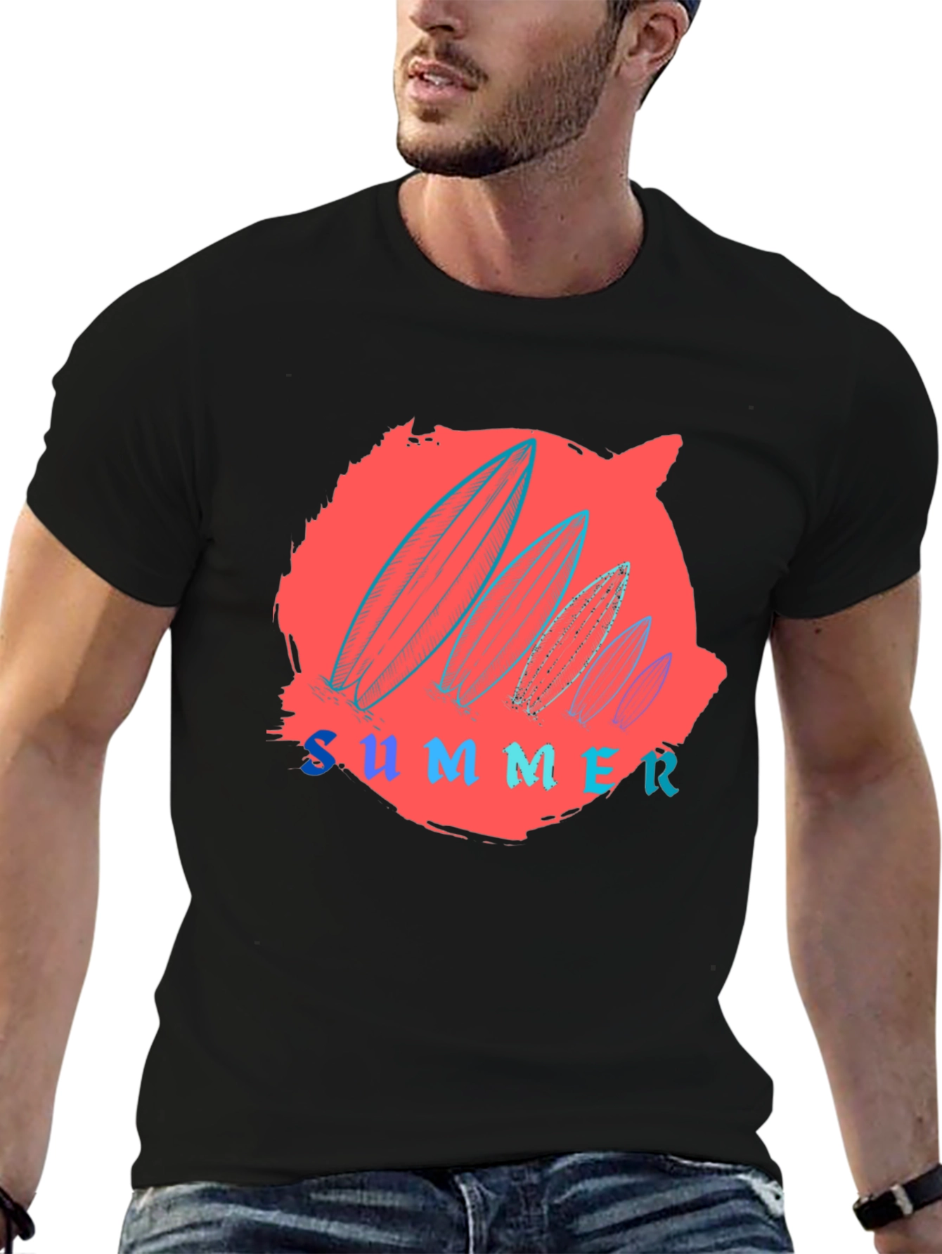 Summer Surfboard Graphic Tee - Black Cotton T-Shirt