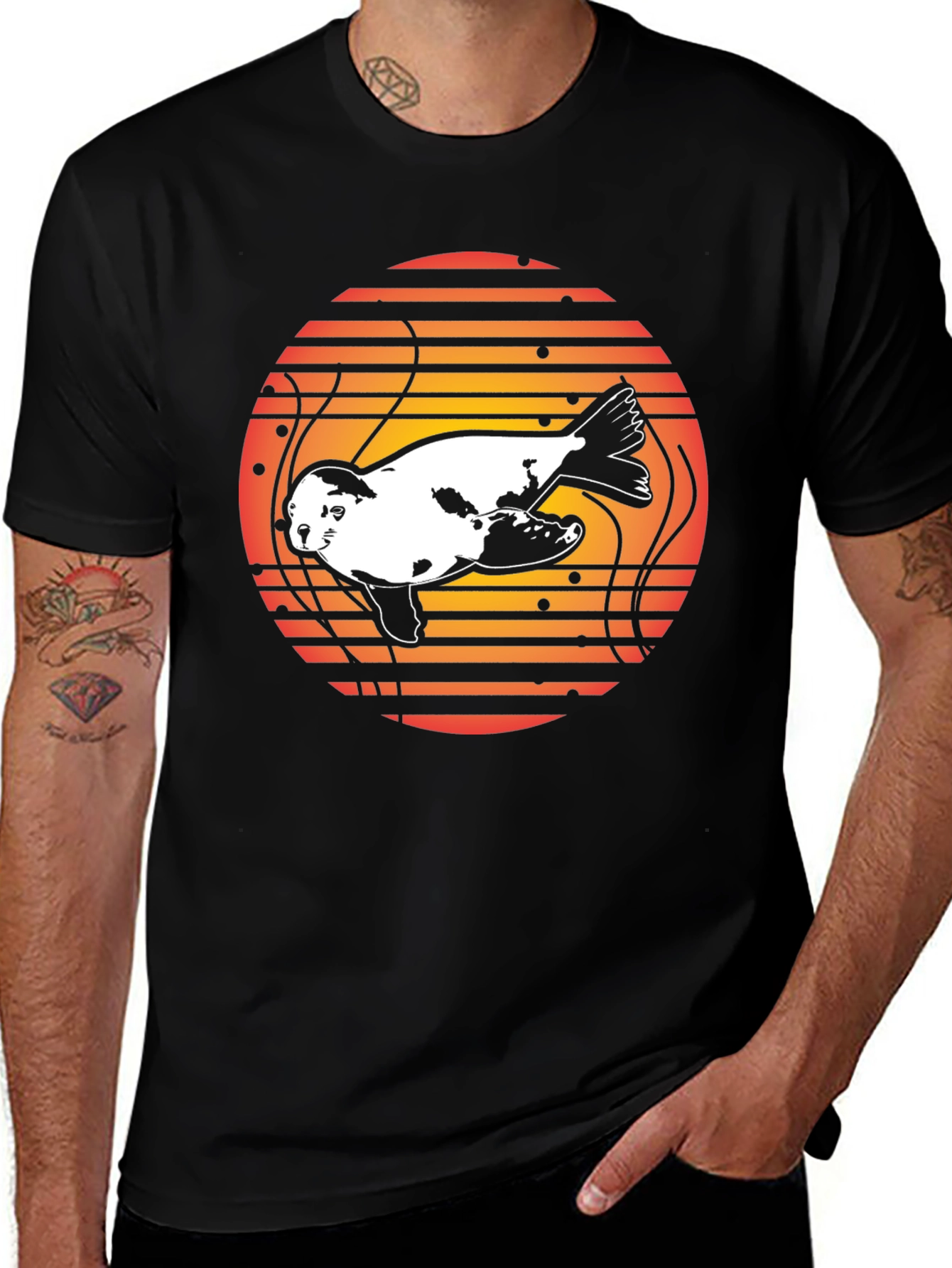 Retro Seal Sunset Graphic Tee - Black Cotton Blend