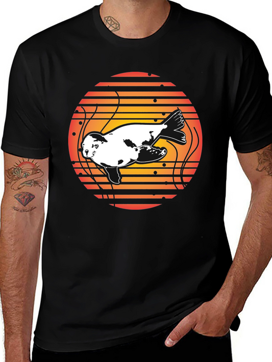 Retro Seal Sunset Graphic Tee - Black Cotton Blend