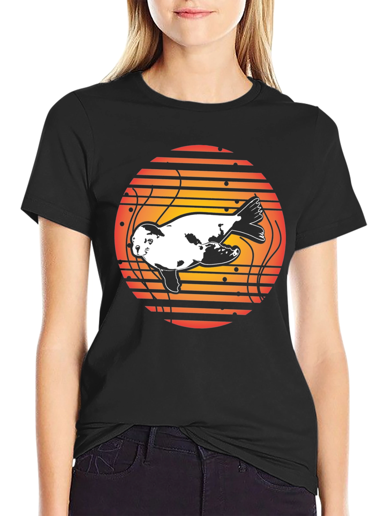 Retro Seal Sunset Graphic Tee - Black Cotton Blend