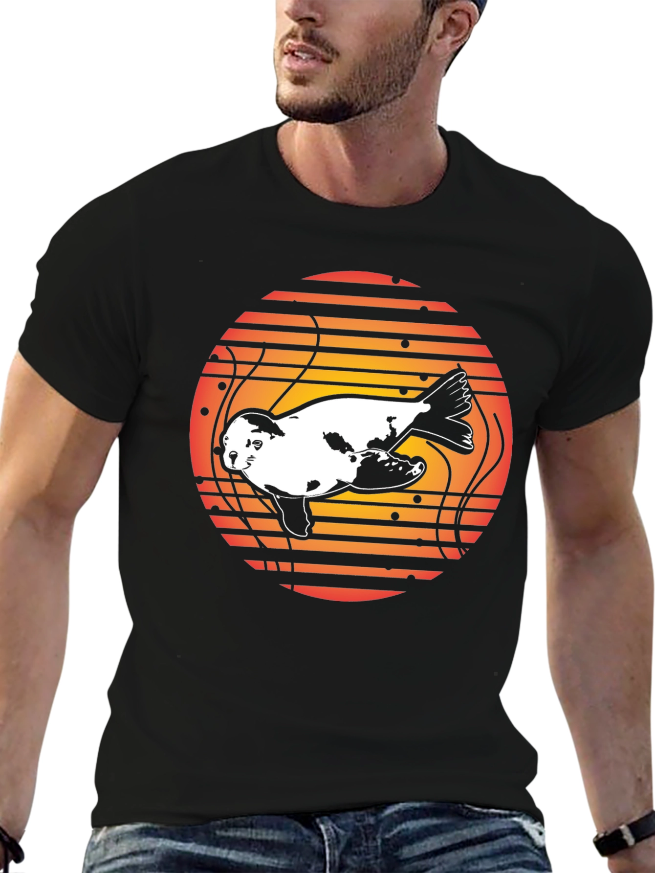 Retro Seal Sunset Graphic Tee - Black Cotton Blend