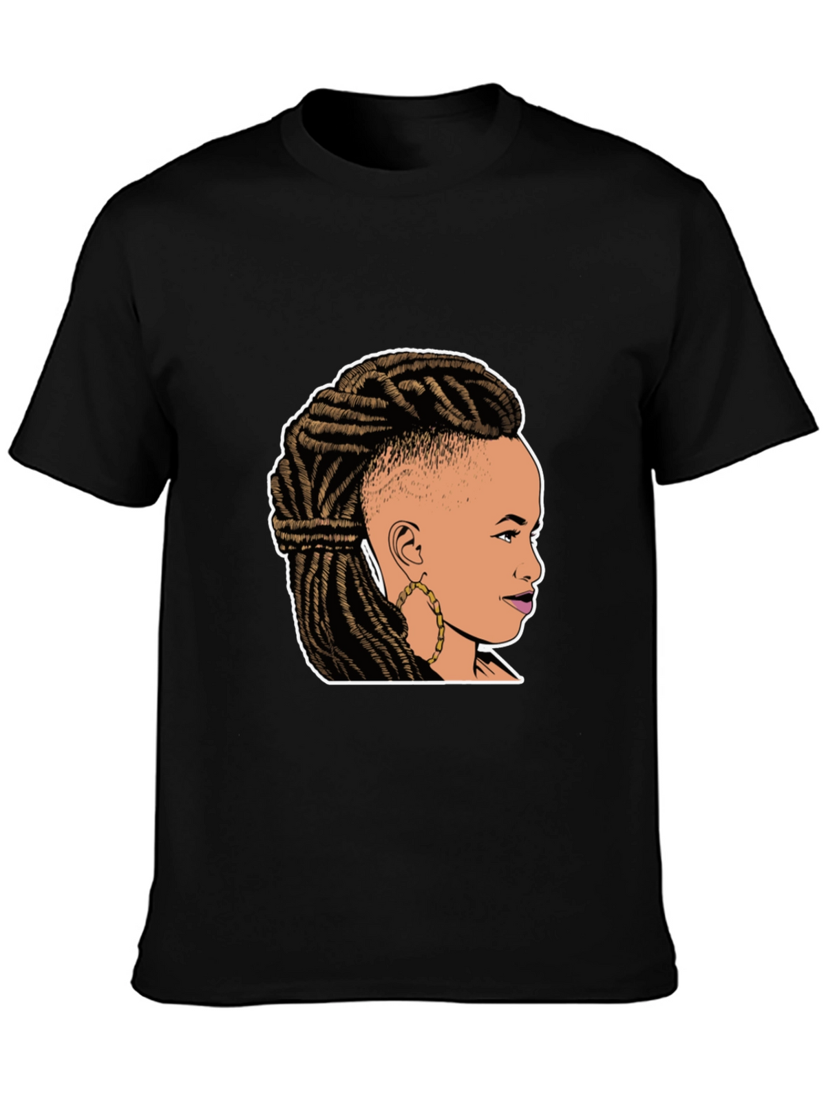 Graphic Tee: Woman with Braids on Black T-Shirt