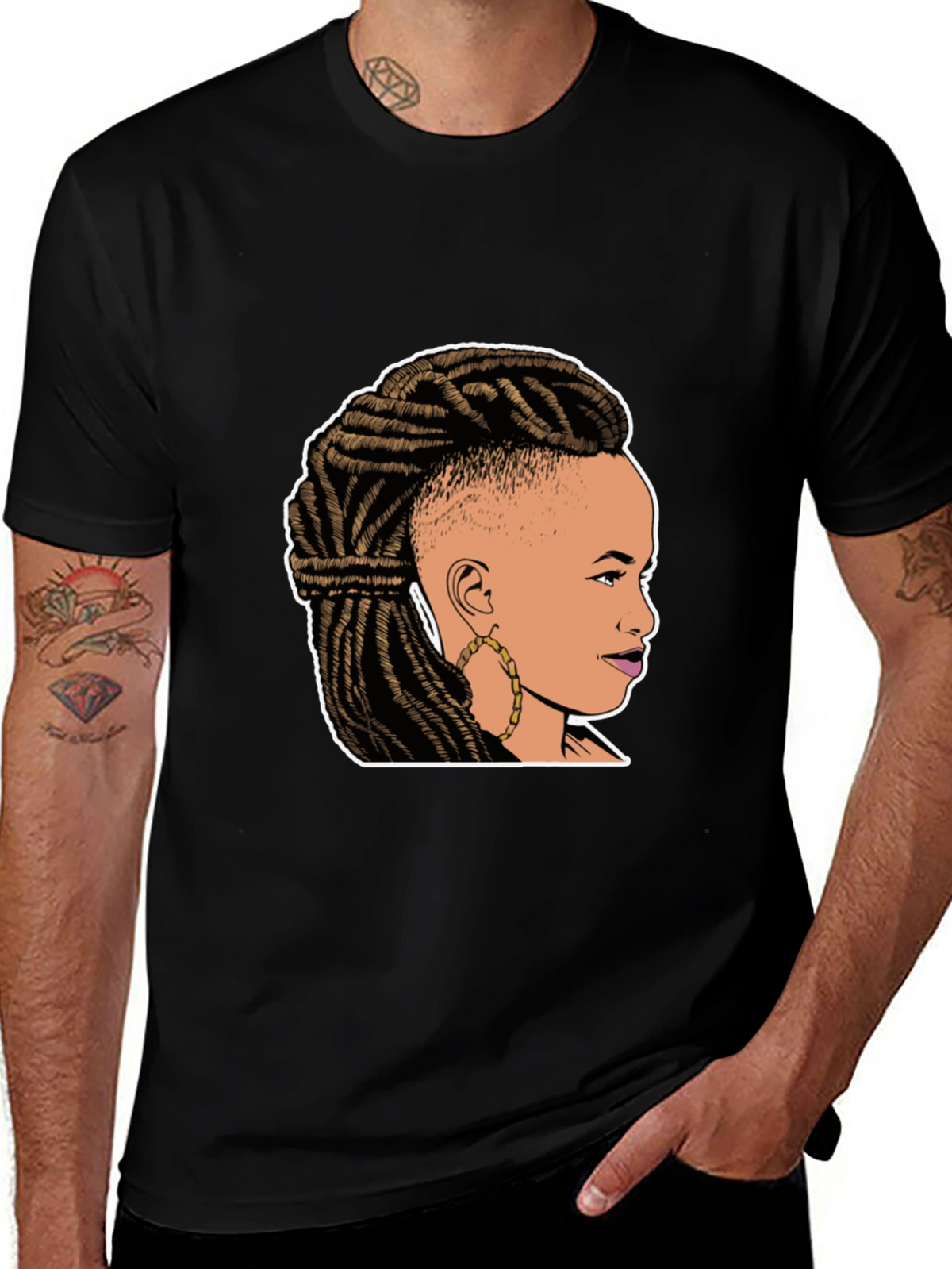 Graphic Tee: Woman with Braids on Black T-Shirt