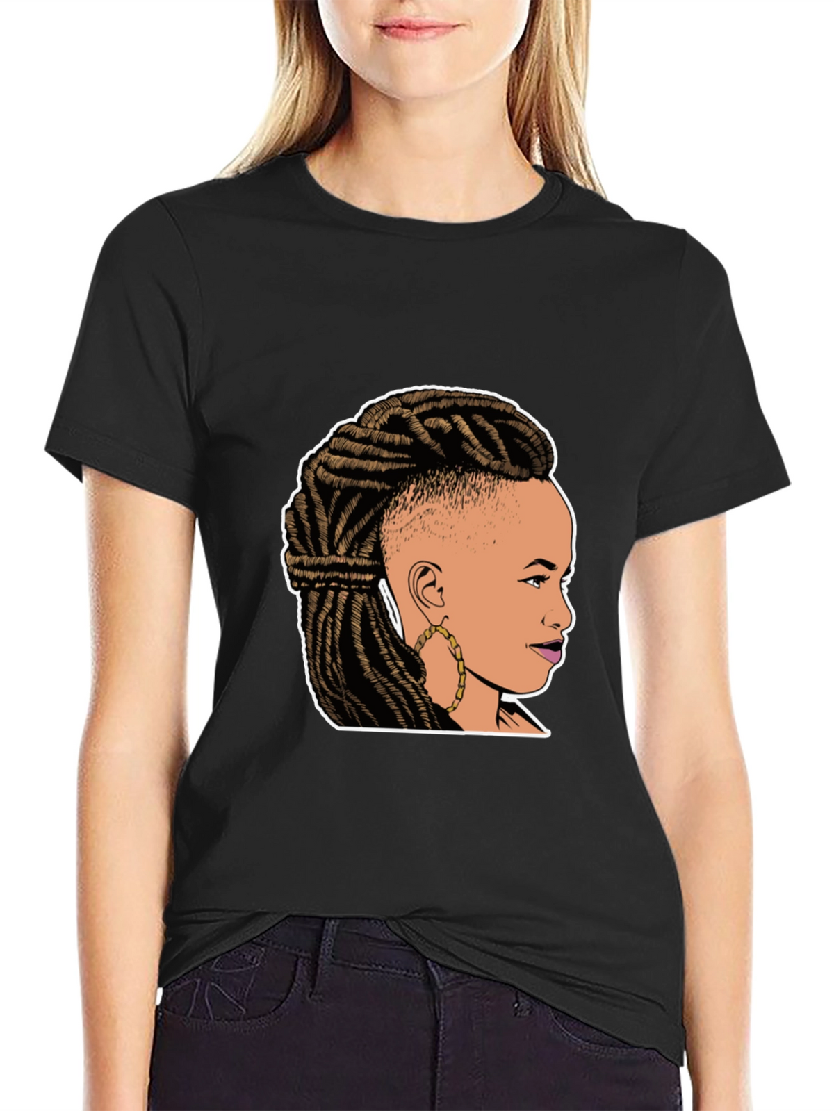Graphic Tee: Woman with Braids on Black T-Shirt