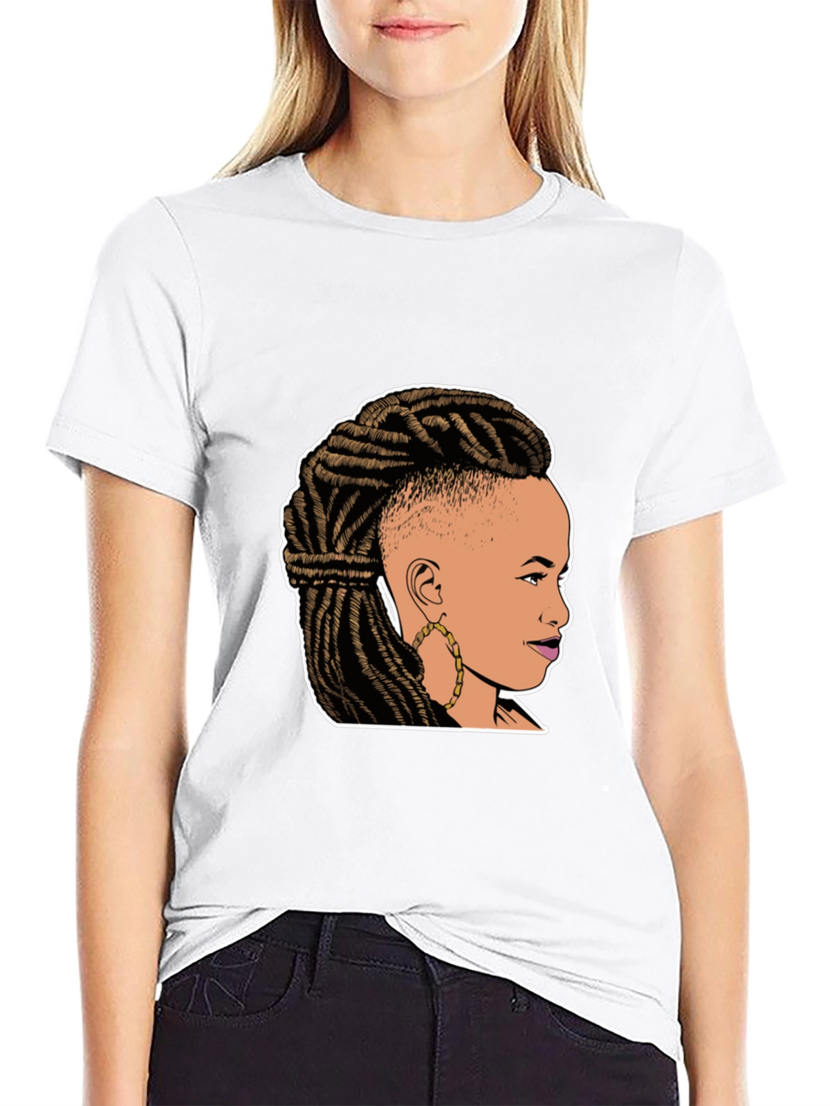 Graphic Tee: Woman with Braids on Black T-Shirt