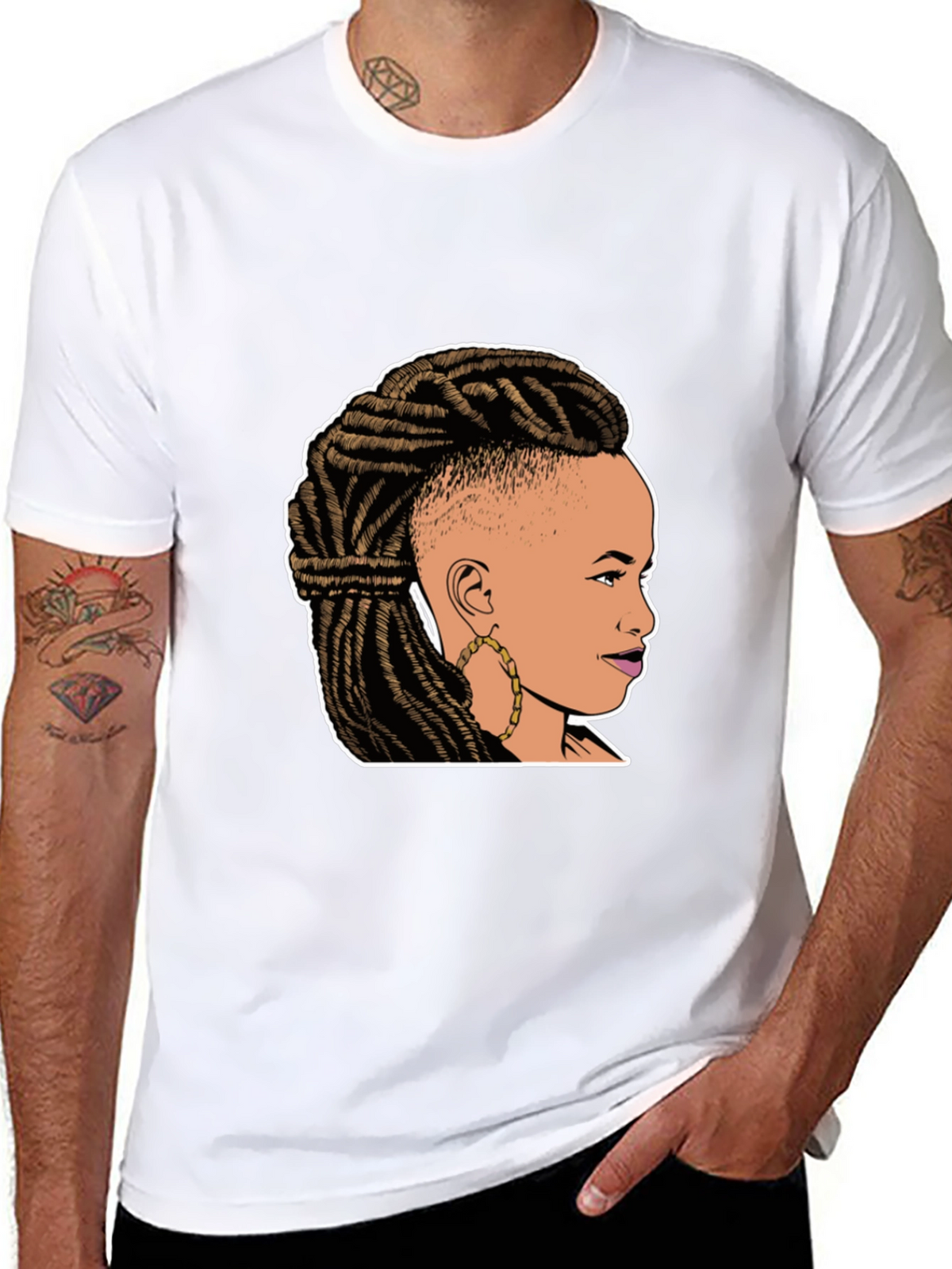 Graphic Tee: Woman with Braids on Black T-Shirt