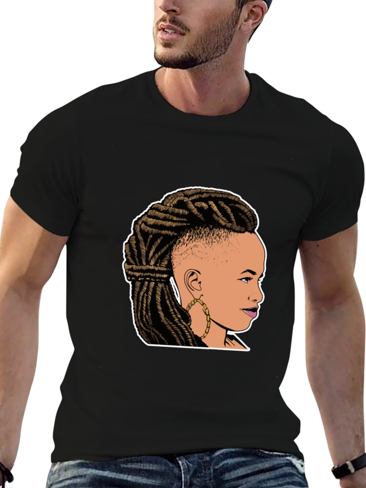 Graphic Tee: Woman with Braids on Black T-Shirt
