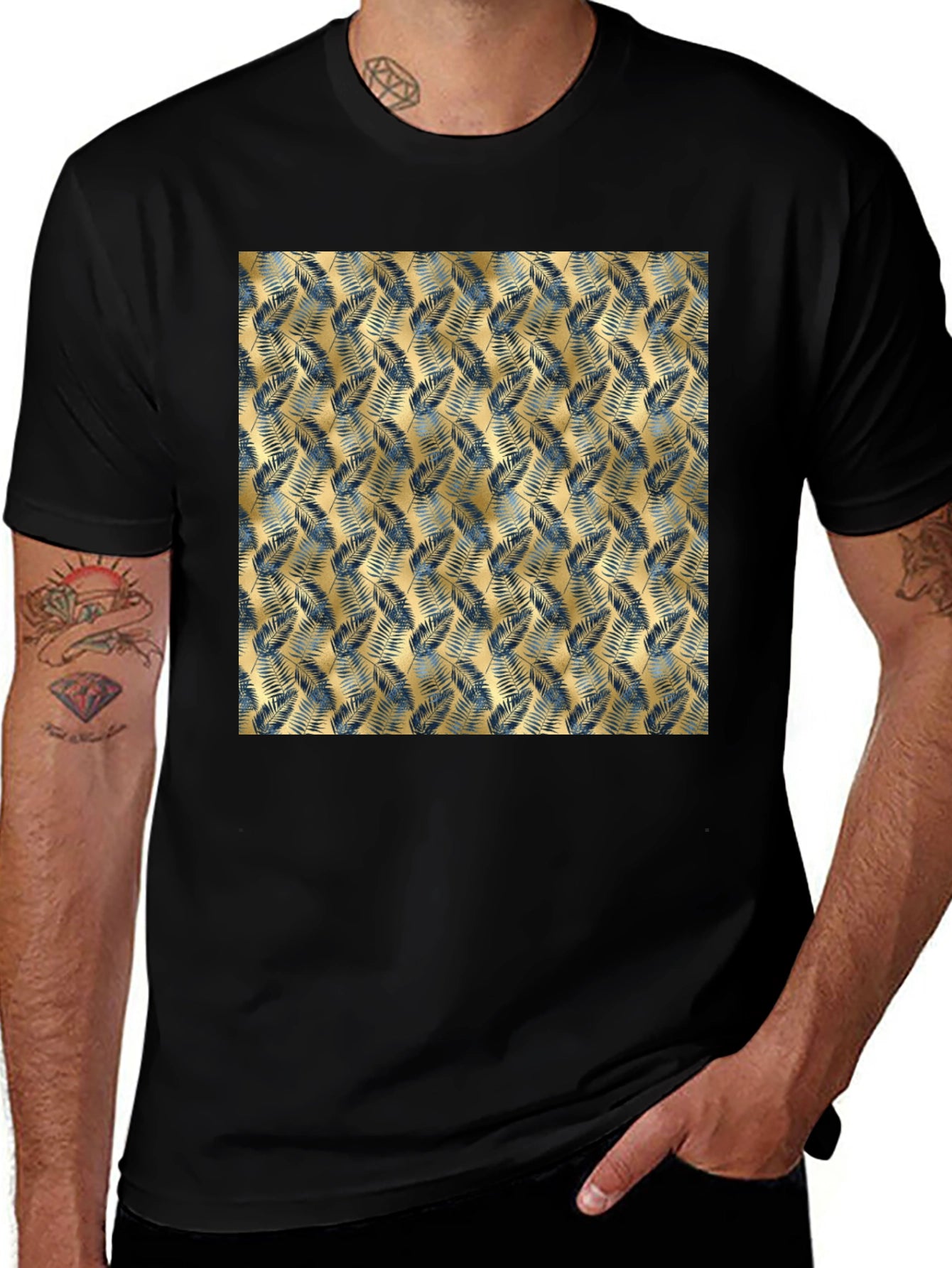 Tropical Gold Leaf Pattern Black T-Shirt
