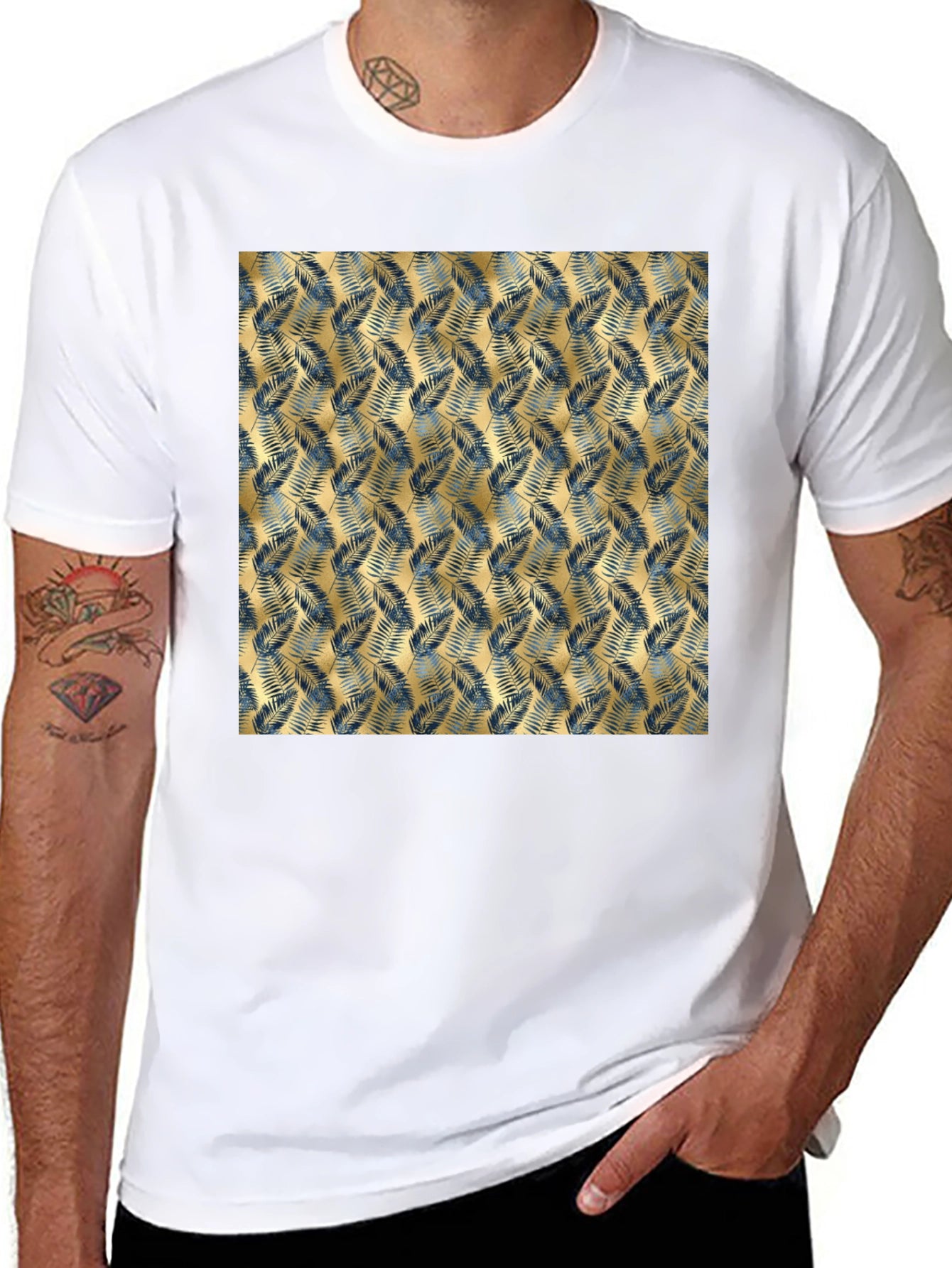 Tropical Gold Leaf Pattern Black T-Shirt