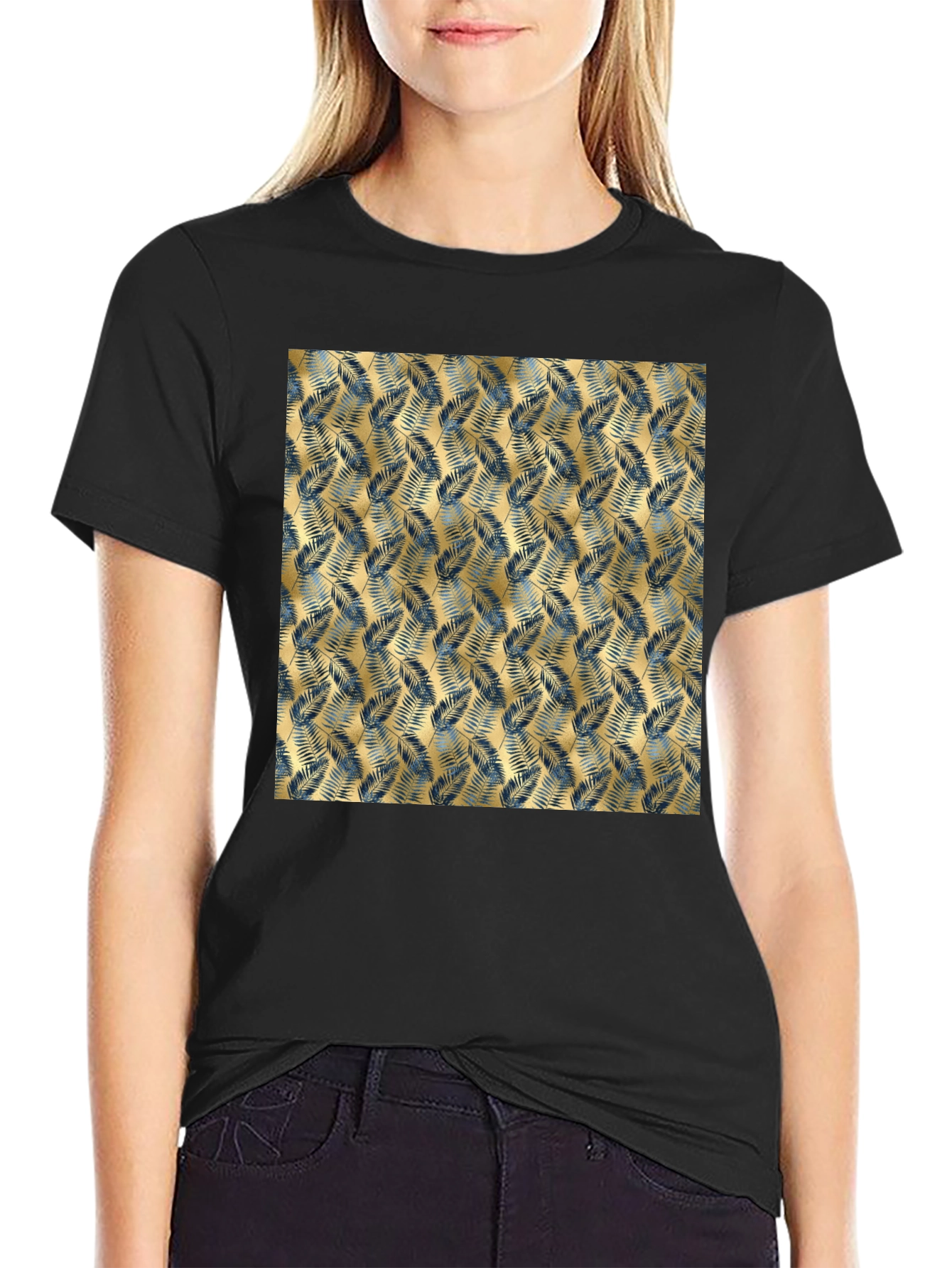 Tropical Gold Leaf Pattern Black T-Shirt