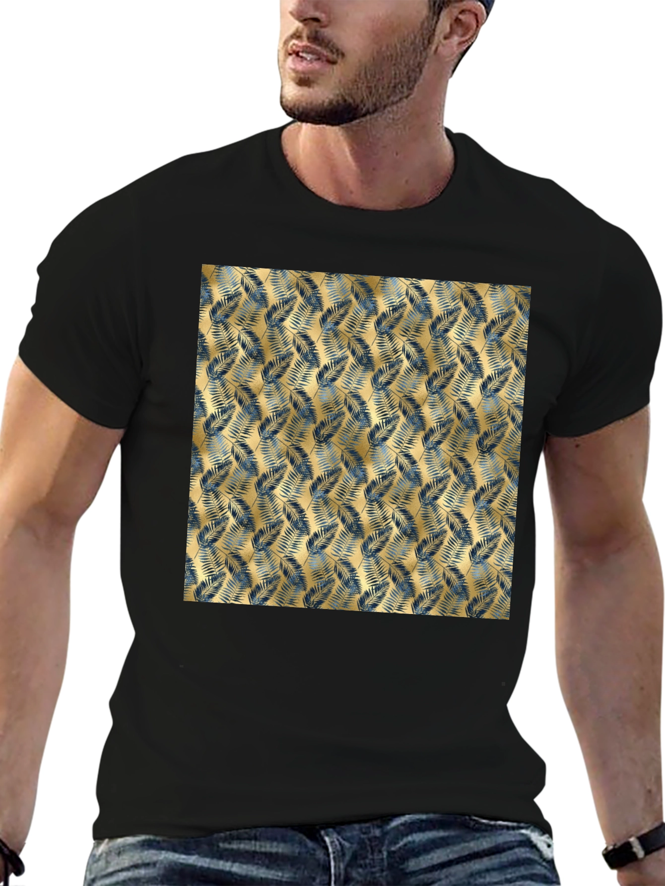 Tropical Gold Leaf Pattern Black T-Shirt