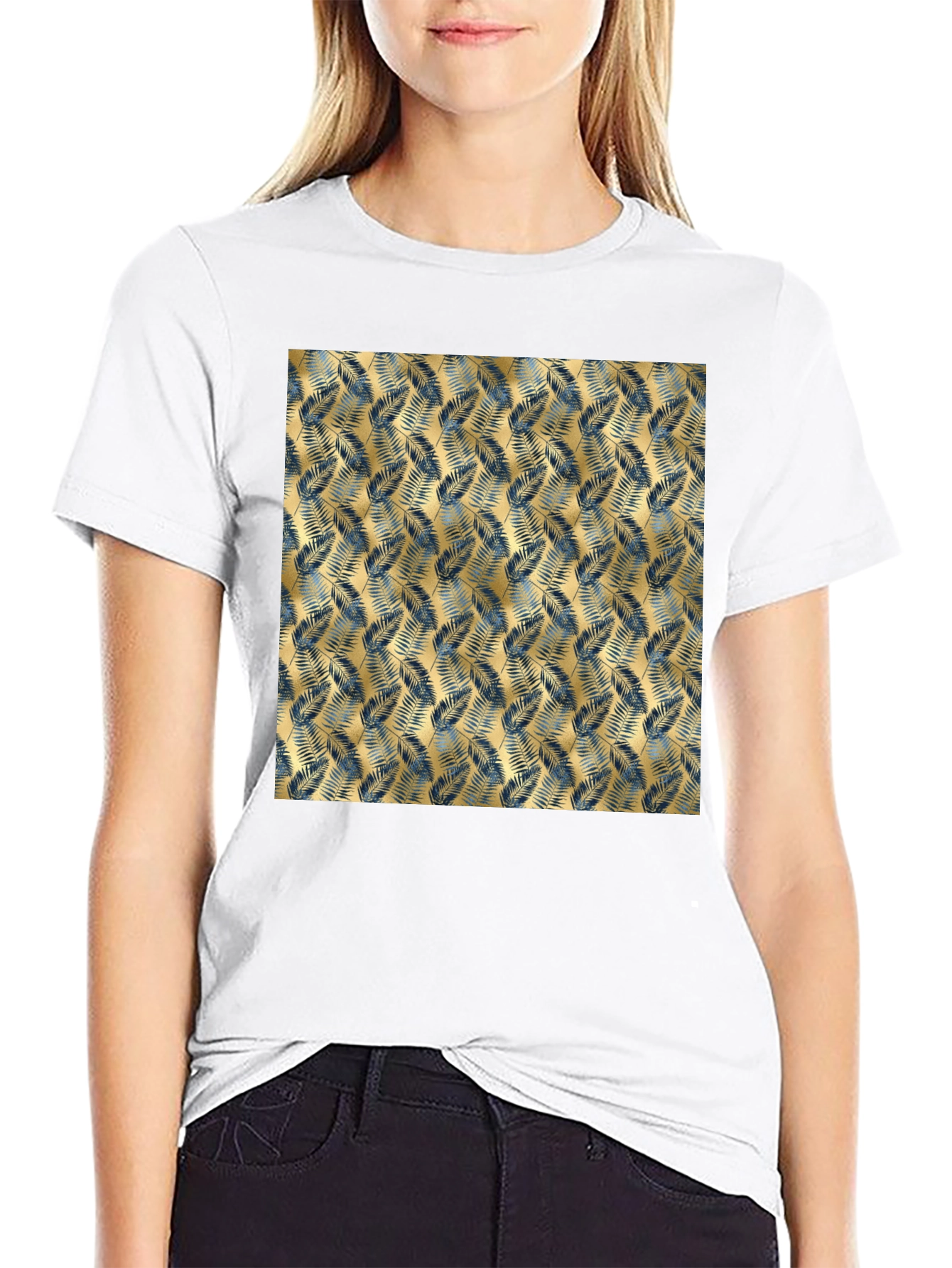 Tropical Gold Leaf Pattern Black T-Shirt