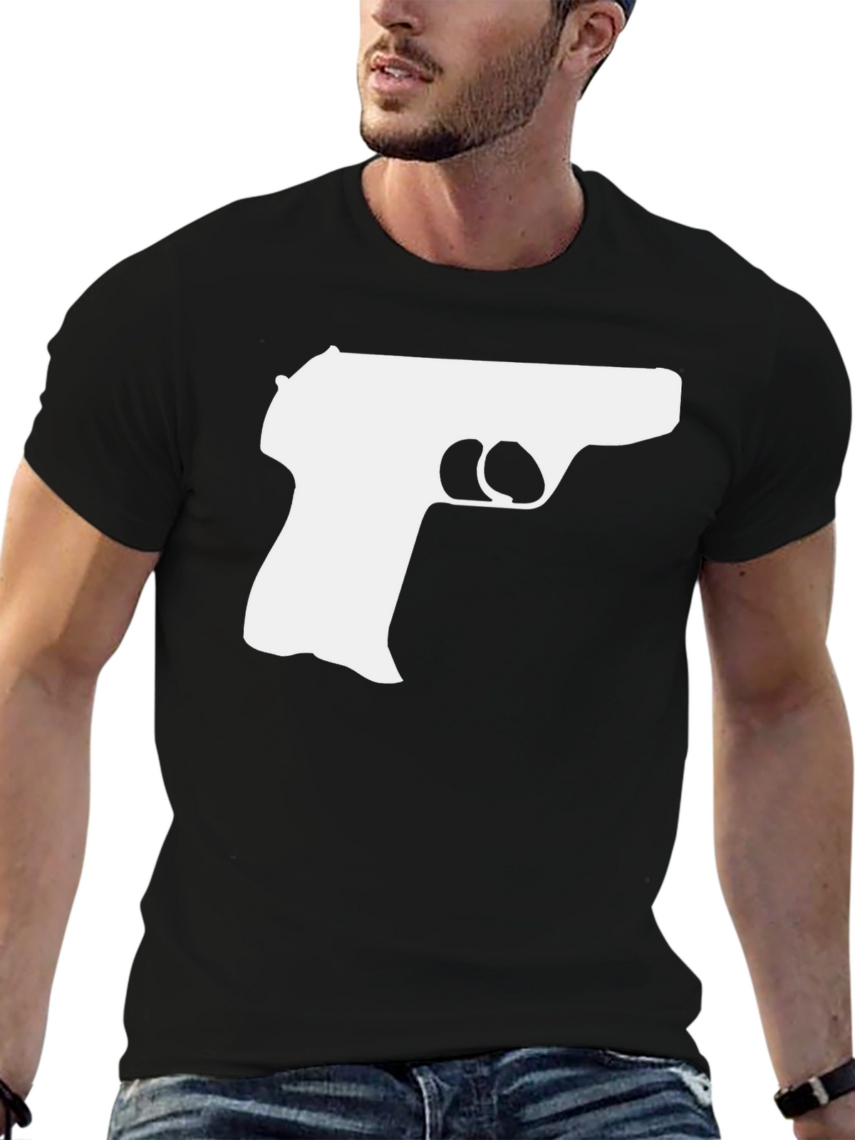 Gun Silhouette Graphic Tee - Black Cotton T-Shirt