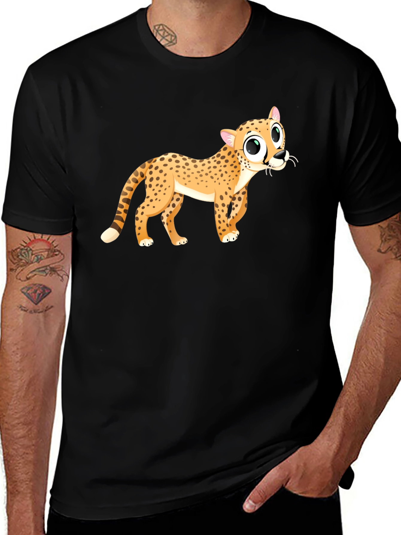 Cheetah Cartoon Graphic Black T-Shirt