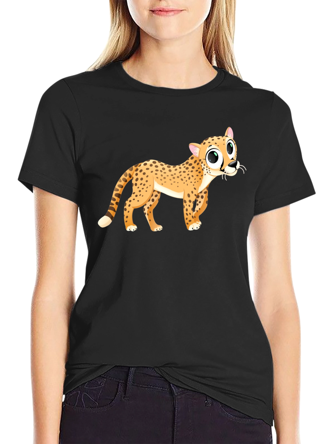 Cheetah Cartoon Graphic Black T-Shirt