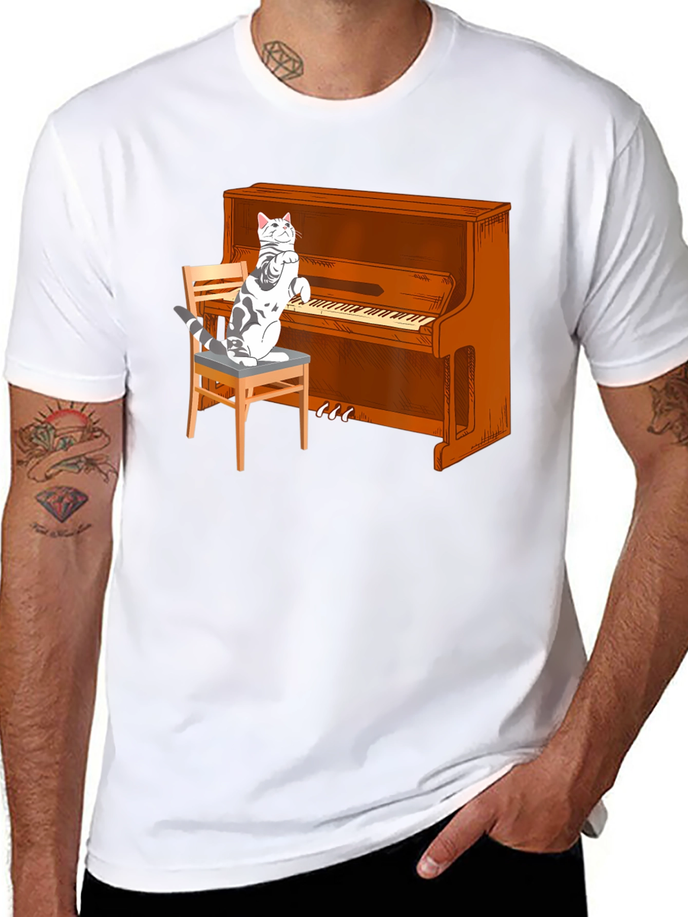Cat Playing Piano Graphic T-Shirt
