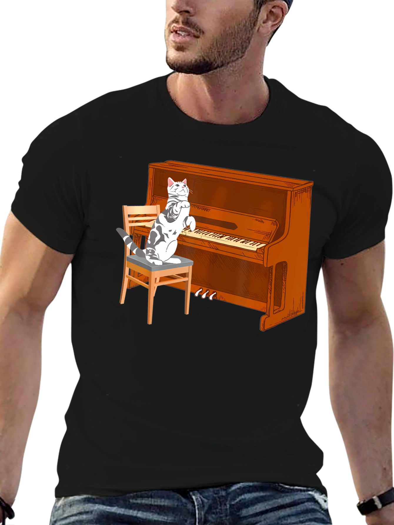Cat Playing Piano Graphic T-Shirt