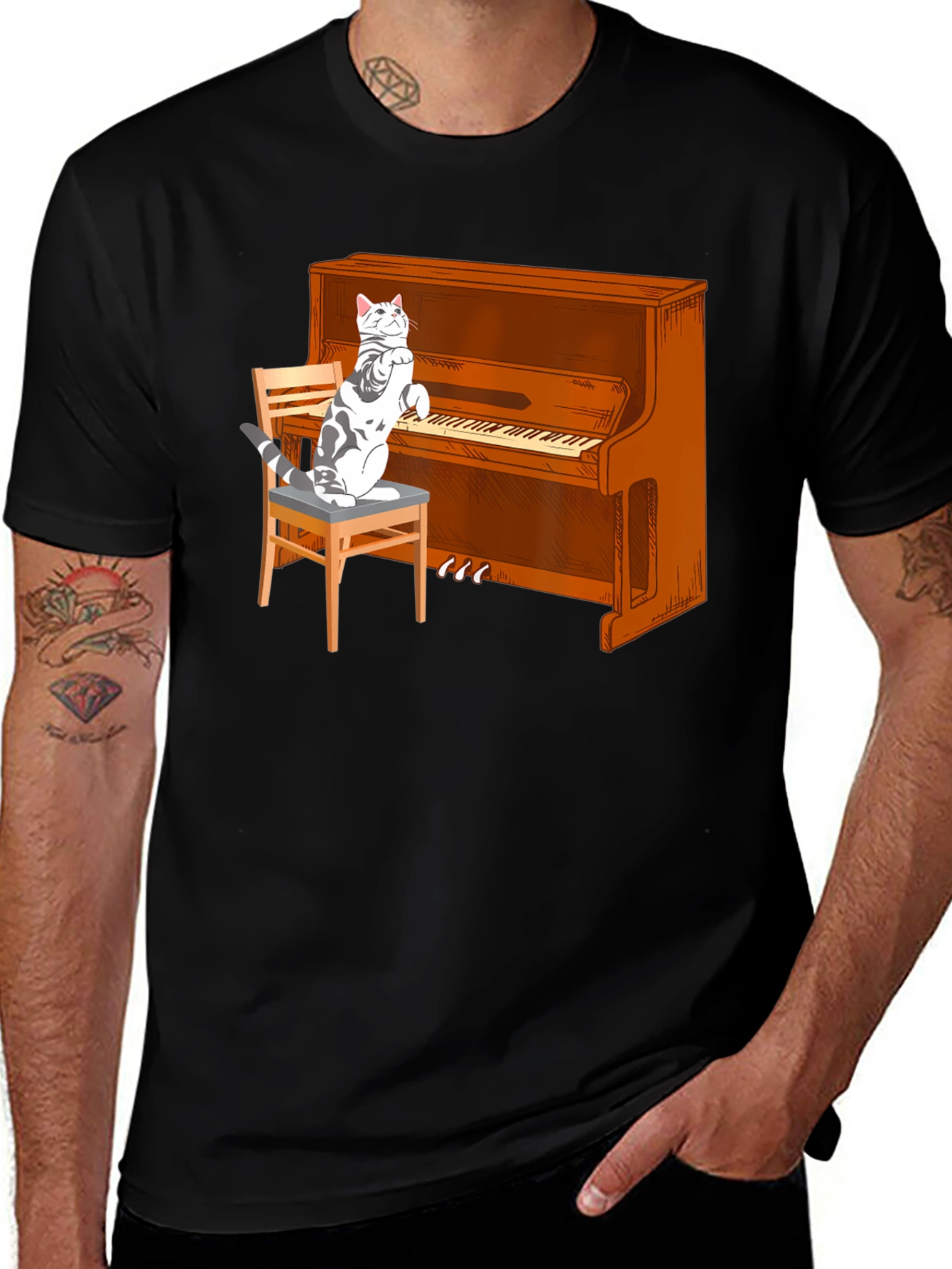 Cat Playing Piano Graphic T-Shirt
