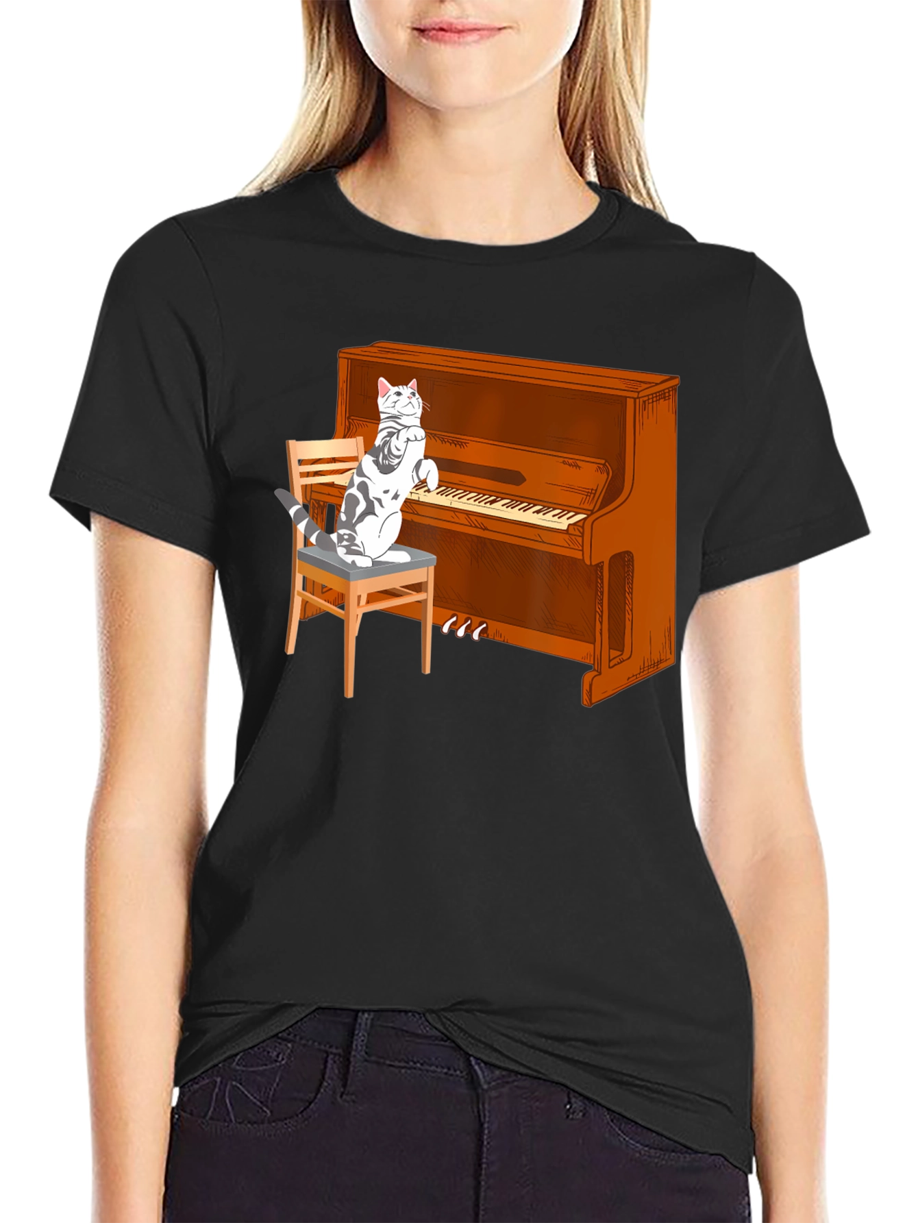 Cat Playing Piano Graphic T-Shirt