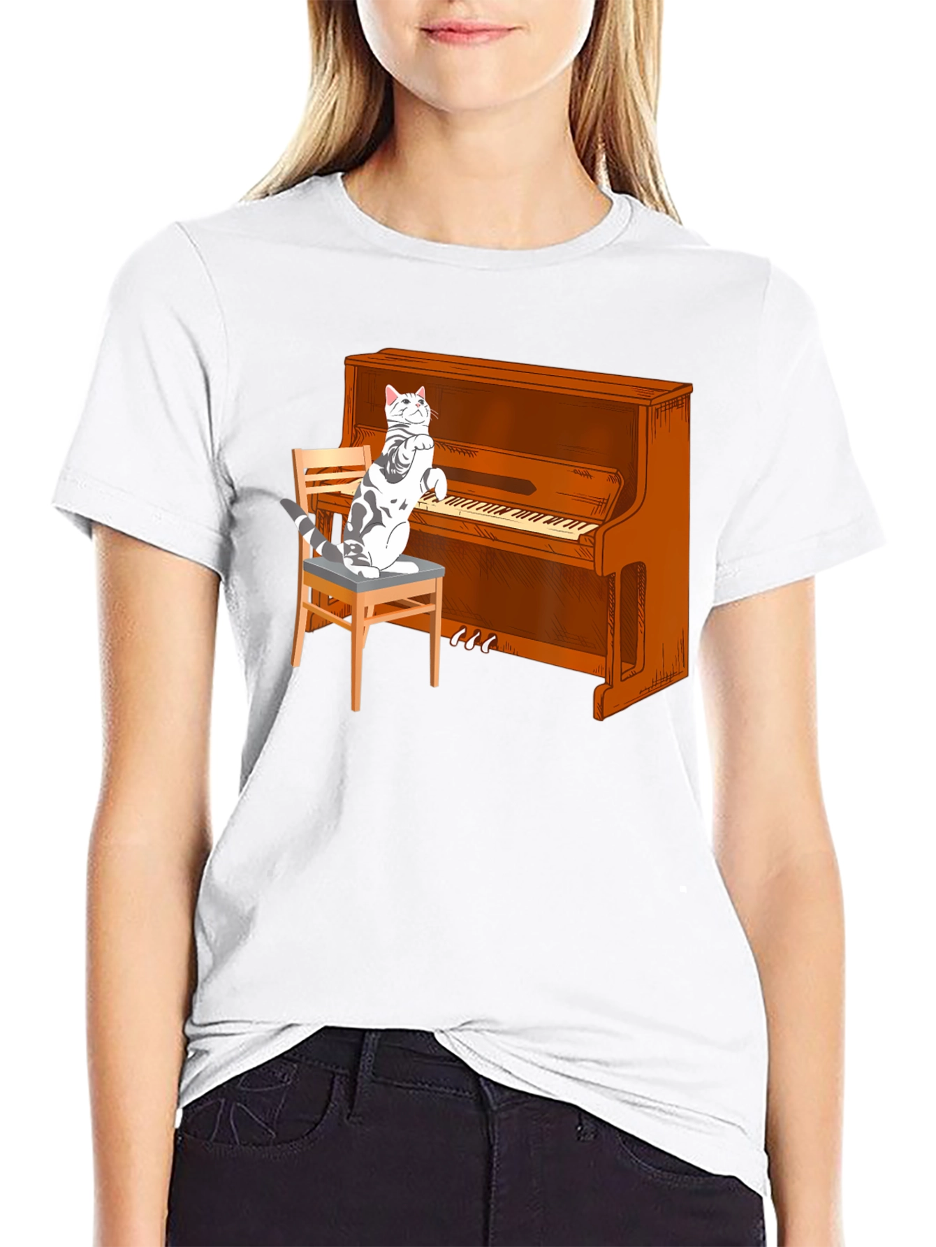 Cat Playing Piano Graphic T-Shirt