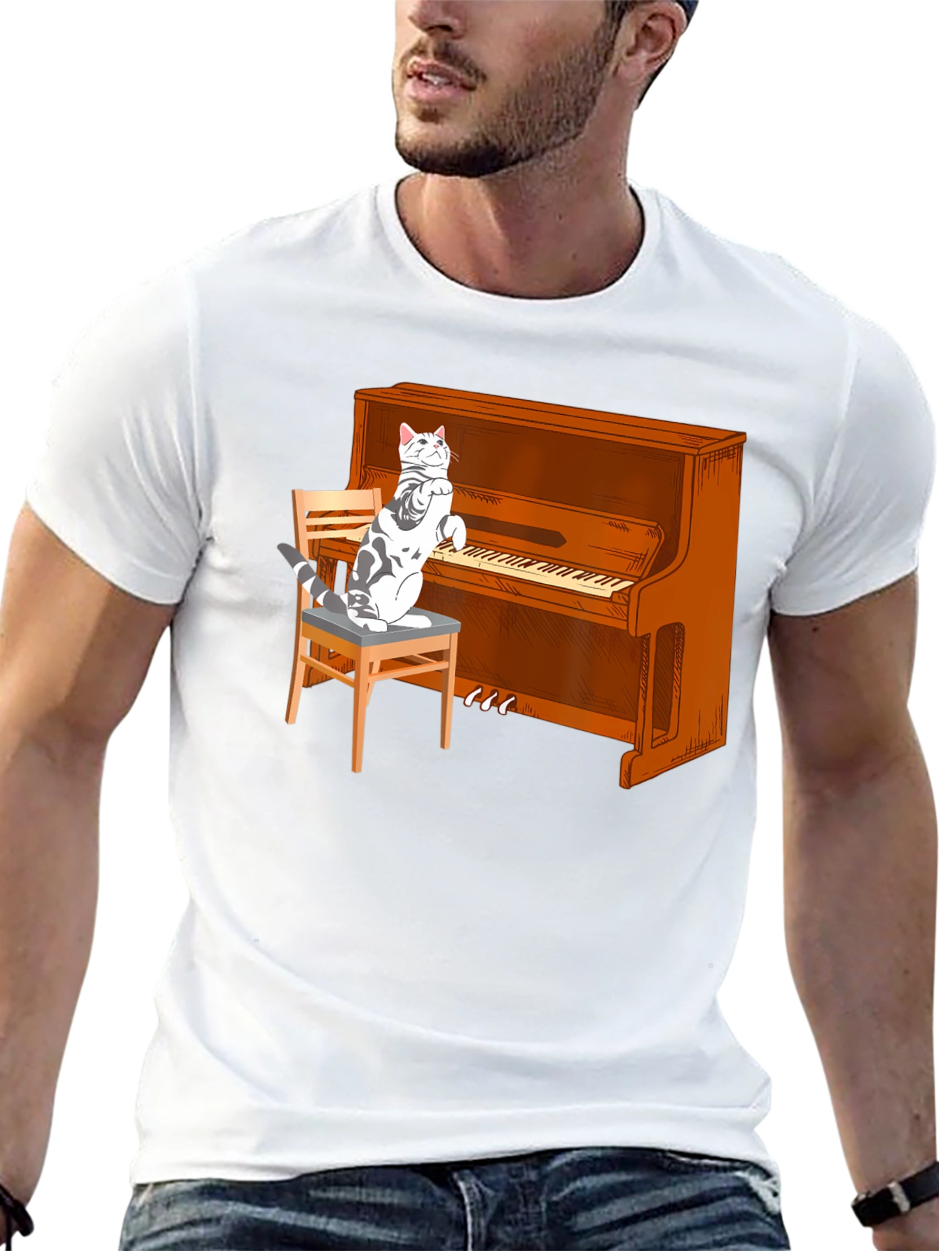 Cat Playing Piano Graphic T-Shirt